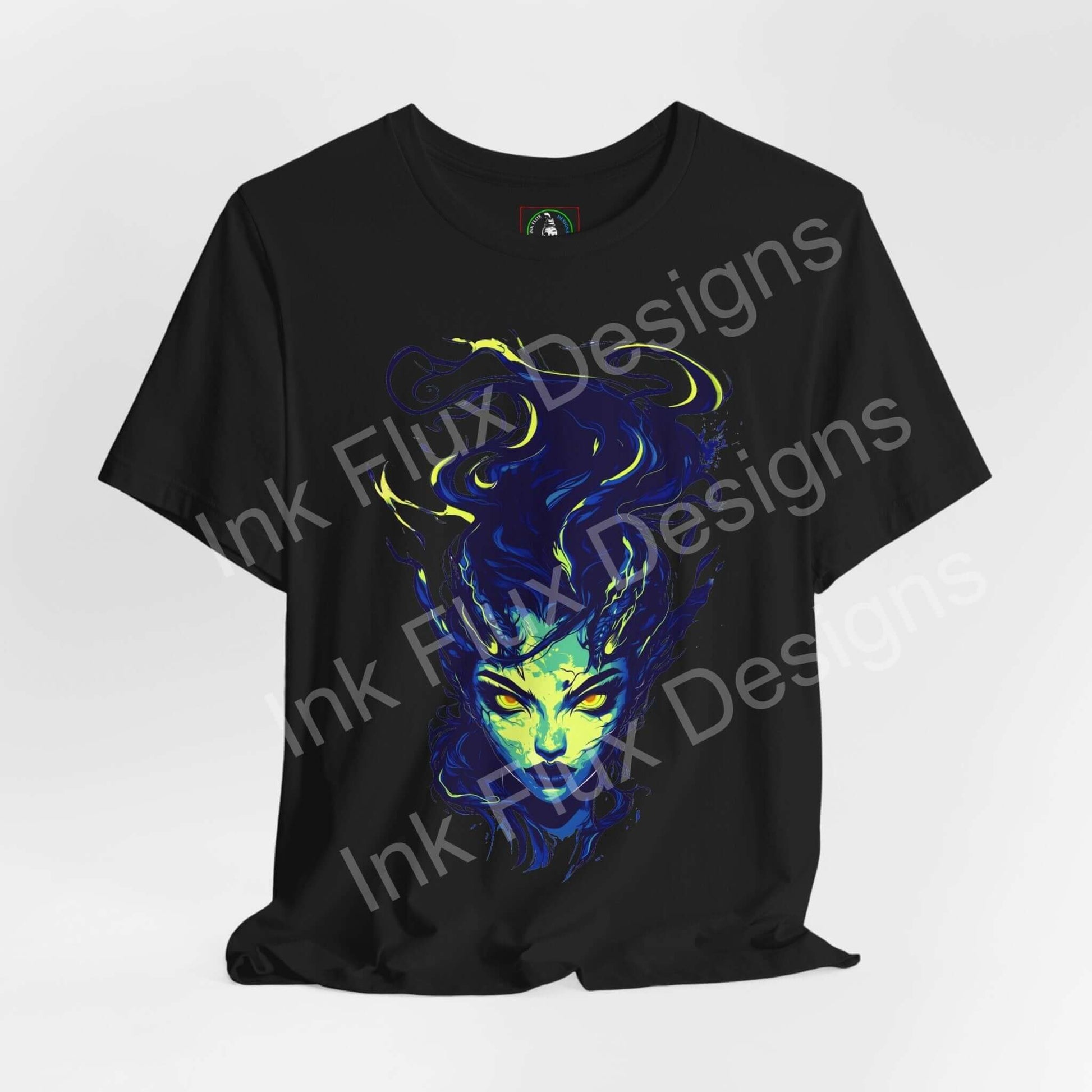 Ethereal Succubus T-Shirt featuring a mystical graphic design on a black unisex tee by Ink Flux Designs.