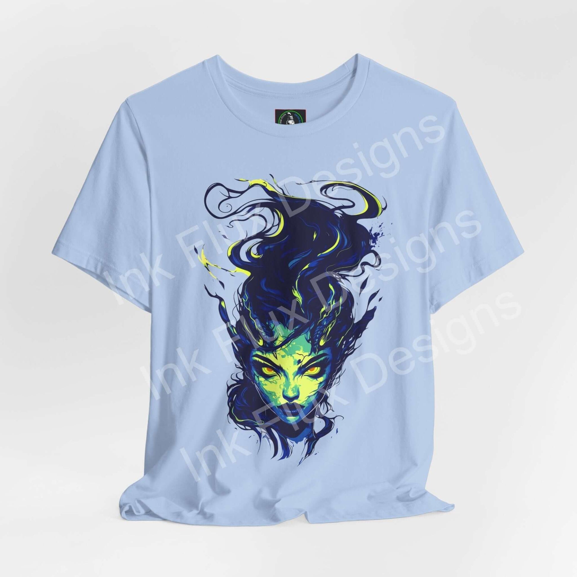 Ethereal Succubus T-Shirt featuring a bold graphic design of a mystical figure on a light blue fabric.
