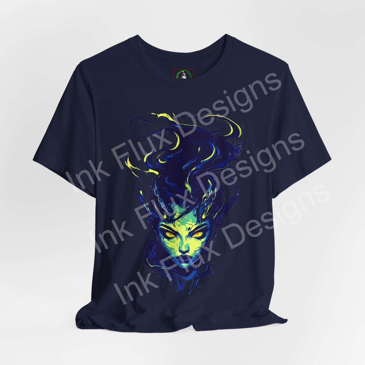 Navy blue unisex T-shirt featuring Ethereal Succubus IV design by Ink Flux Designs, crafted from soft Airlume cotton.