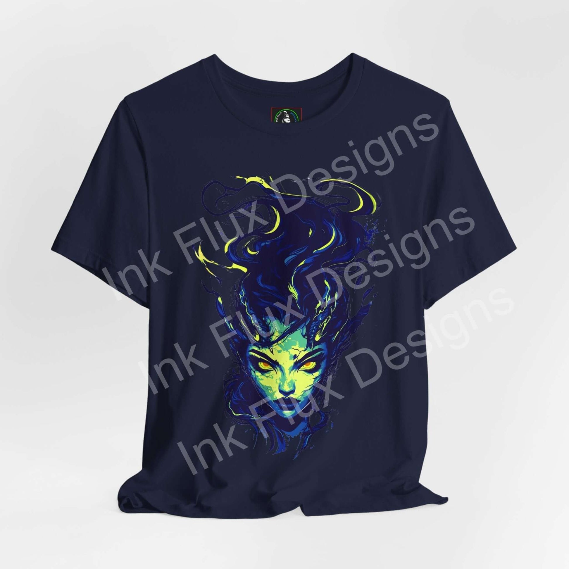 Ethereal Succubus T-Shirt featuring a mystical design with a striking figure in vivid colors by Ink Flux Designs.