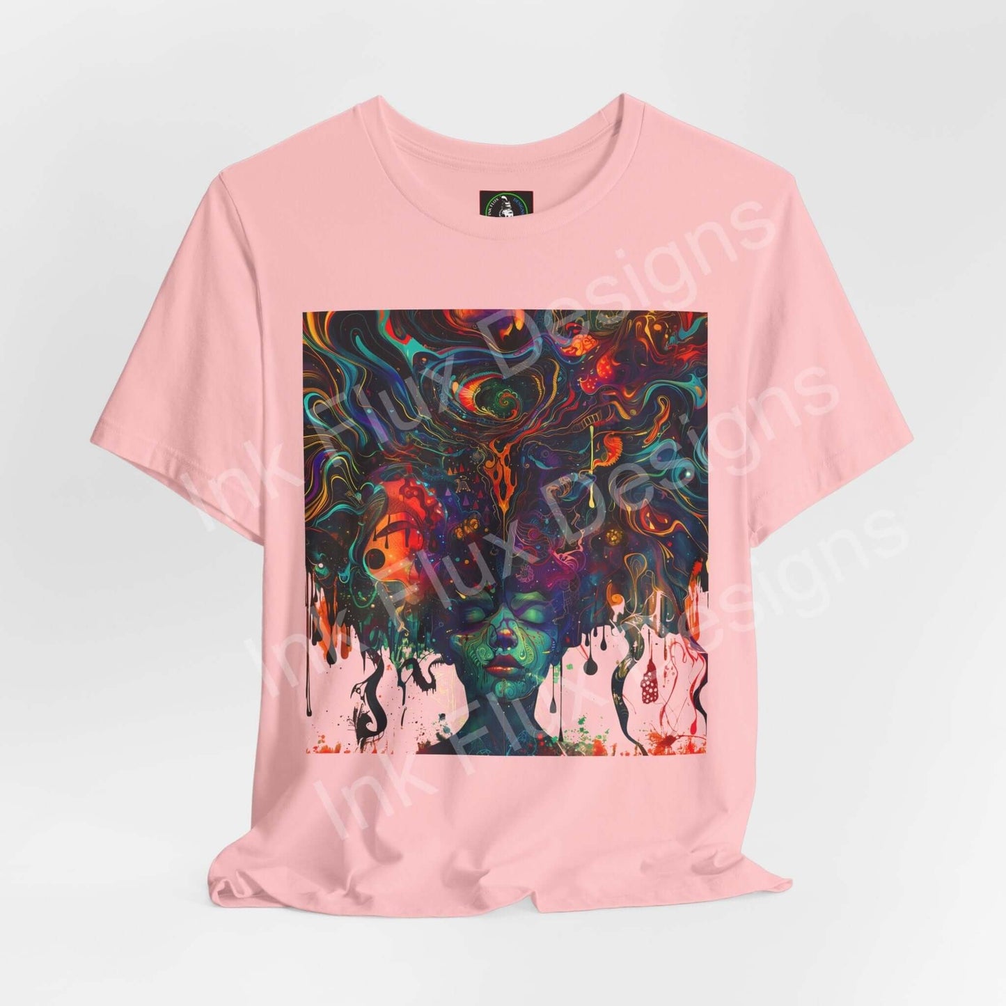 Euphoric Dreamscape II unisex T-shirt by Ink Flux Designs featuring vibrant, abstract art on a pink jersey tee.