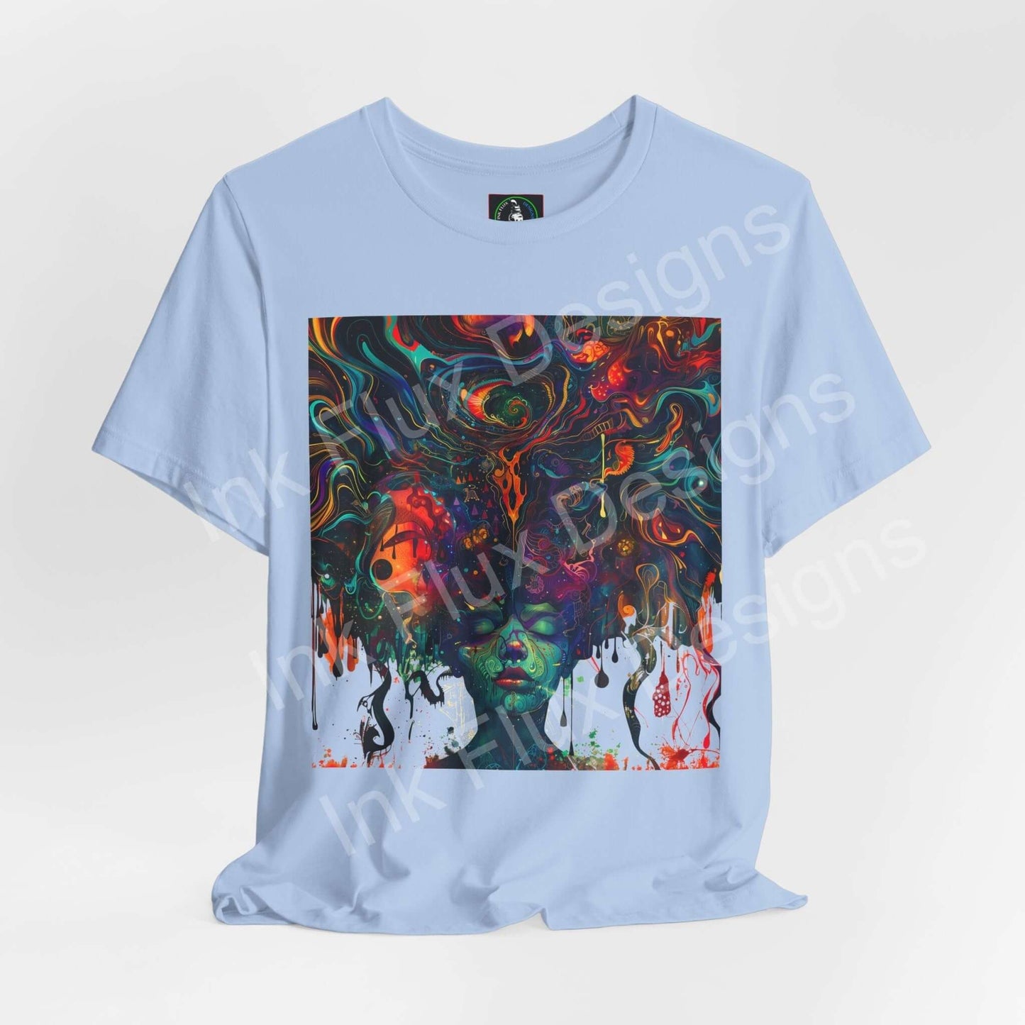 Euphoric Dreamscape II unisex T-shirt by Ink Flux Designs featuring vibrant abstract art on a light blue background.