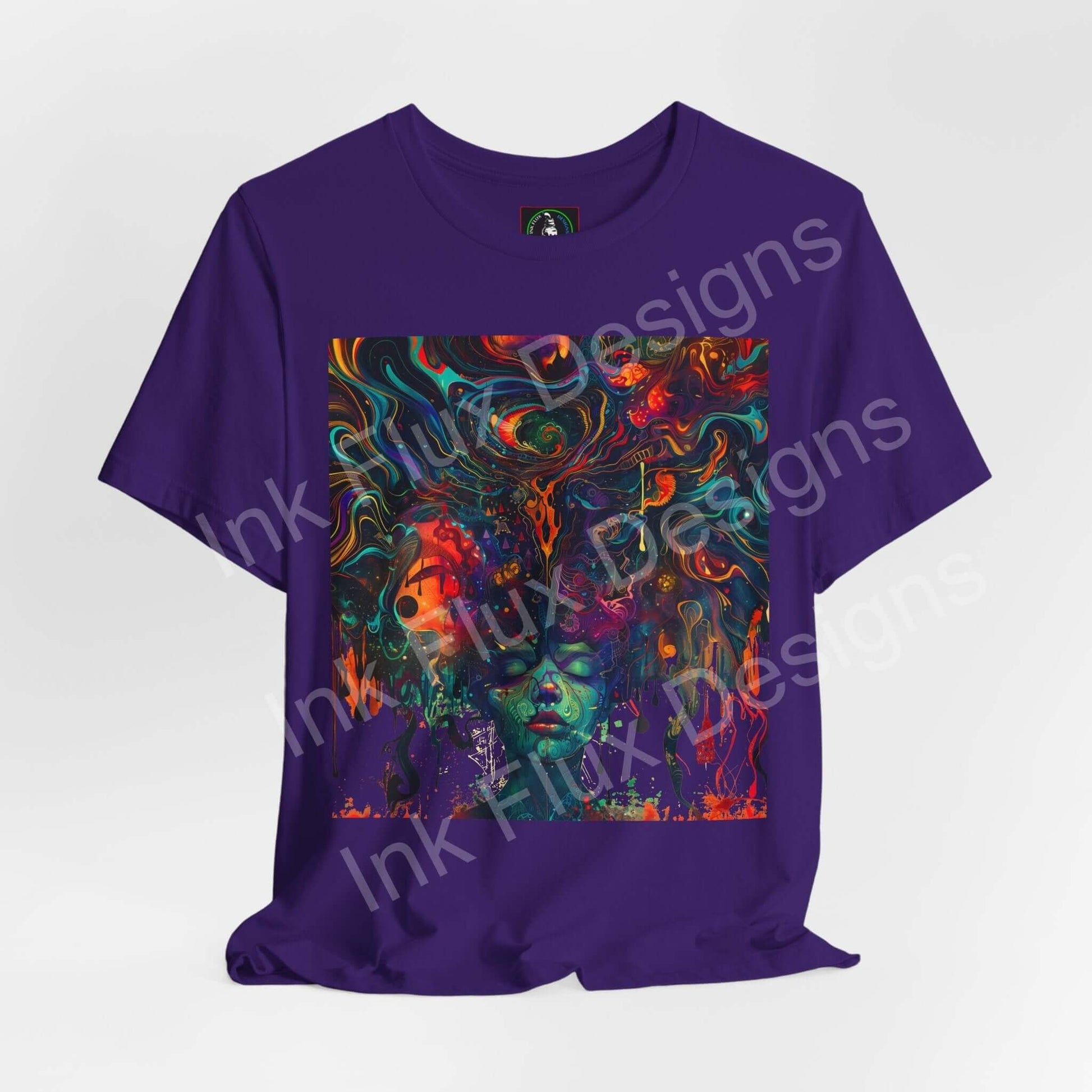 Psychedelic dreamscape t-shirt featuring vibrant abstract art by Ink Flux Designs on a purple background.