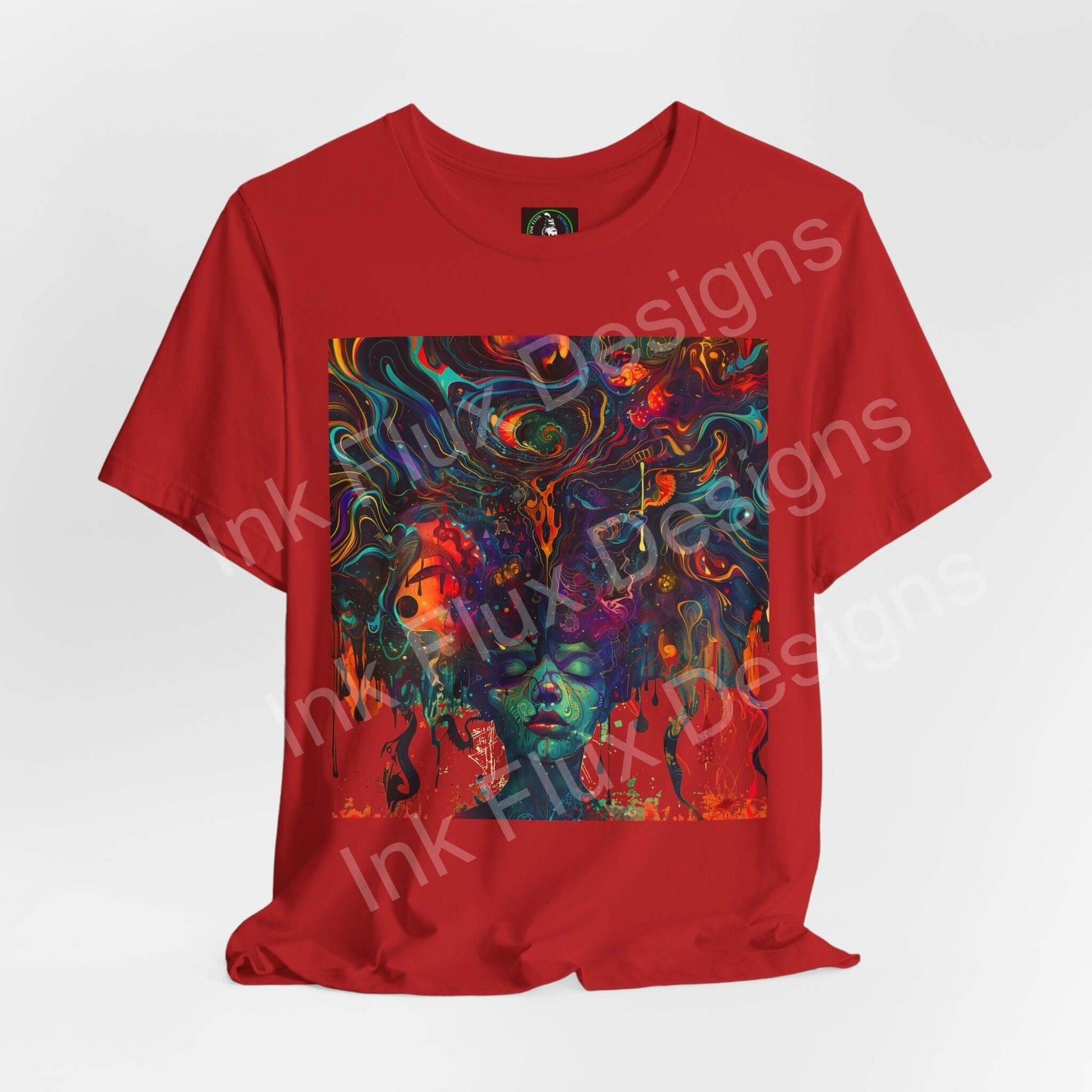 Psychedelic Dreamscape T-Shirt showcasing vibrant abstract art by Ink Flux Designs on a red background.