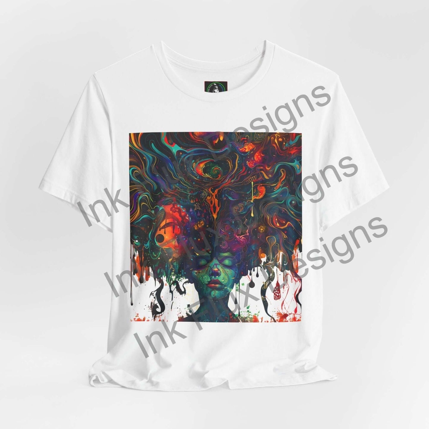 Euphoric Dreamscape II T-shirt by Ink Flux Designs, featuring a colorful abstract design on a white unisex jersey tee.