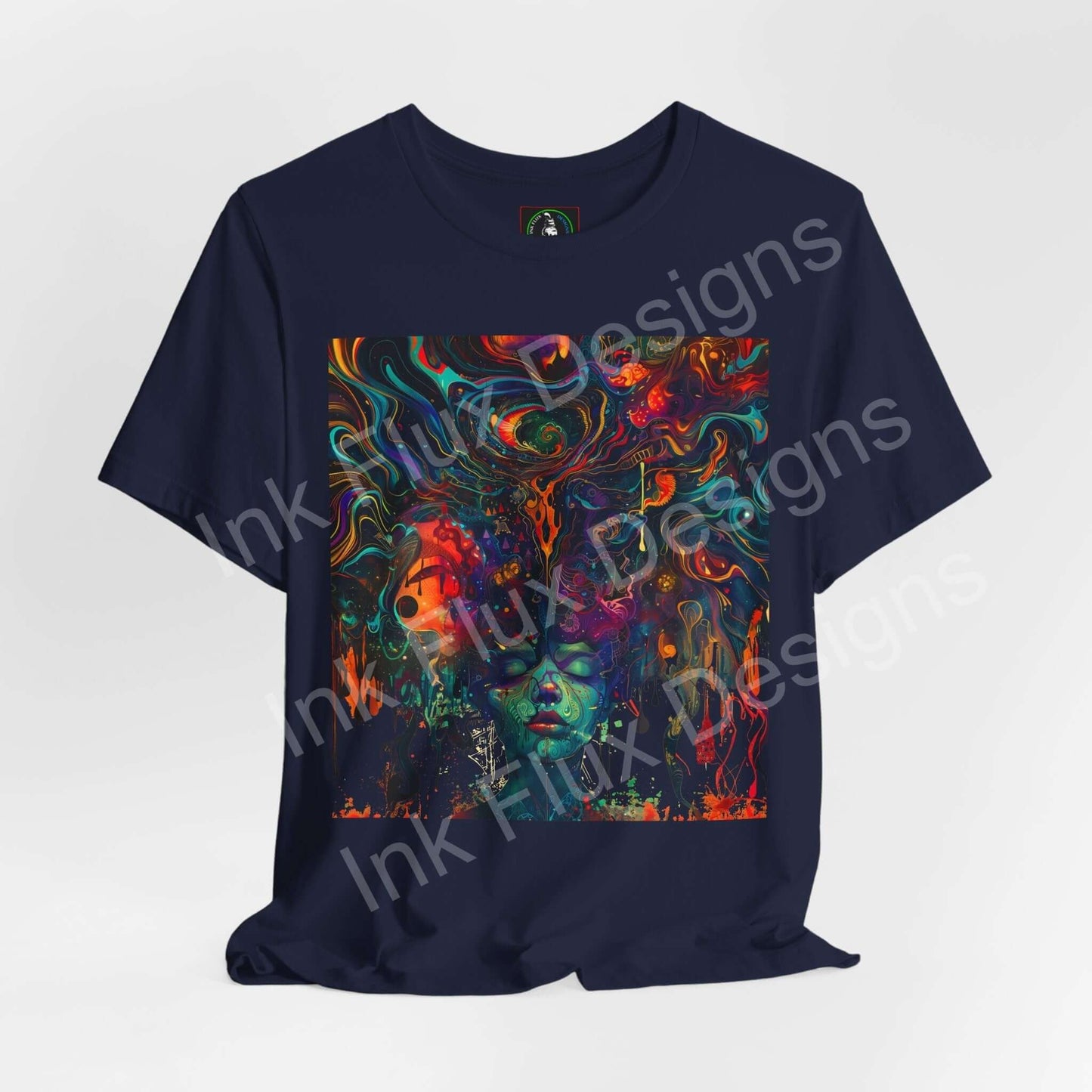 Euphoric Dreamscape II unisex T-shirt by Ink Flux Designs, featuring vibrant abstract art on a navy jersey tee.