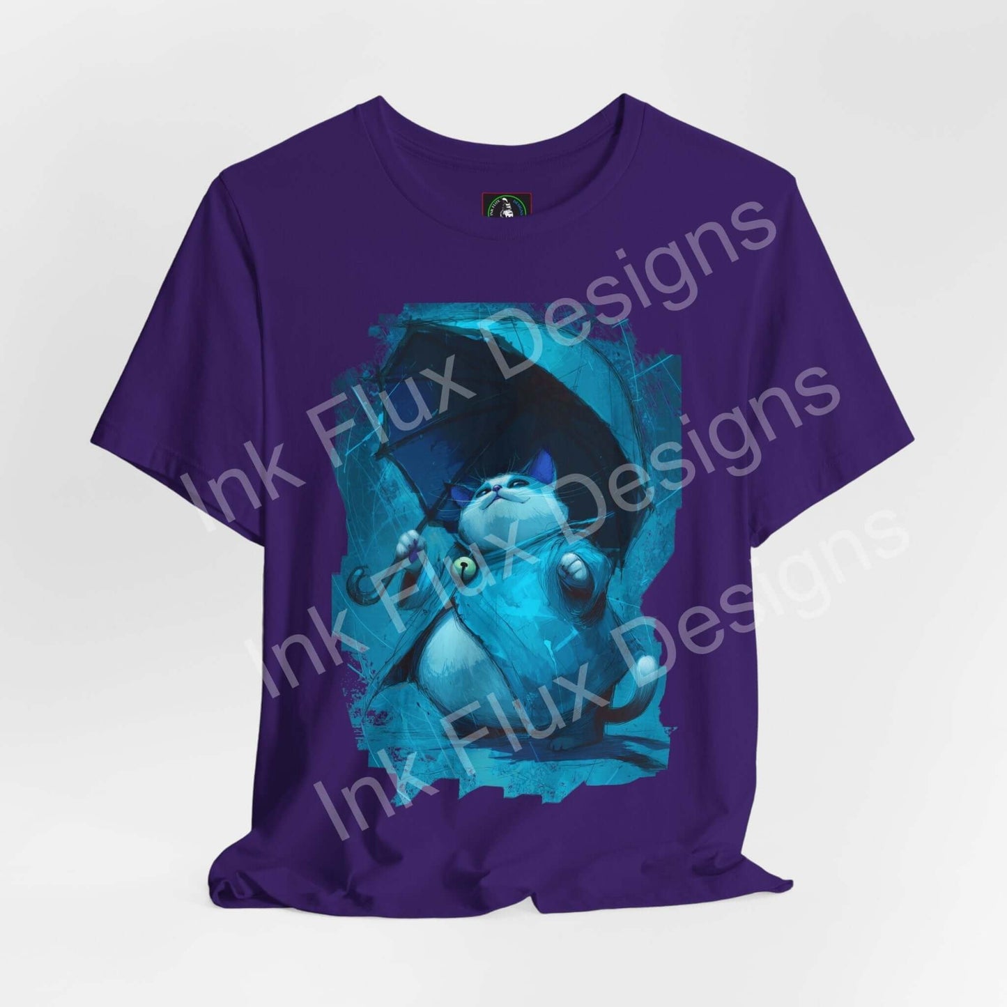 Funny Cat T-Shirt with a charming cat holding an umbrella in a calming blue graphic design.