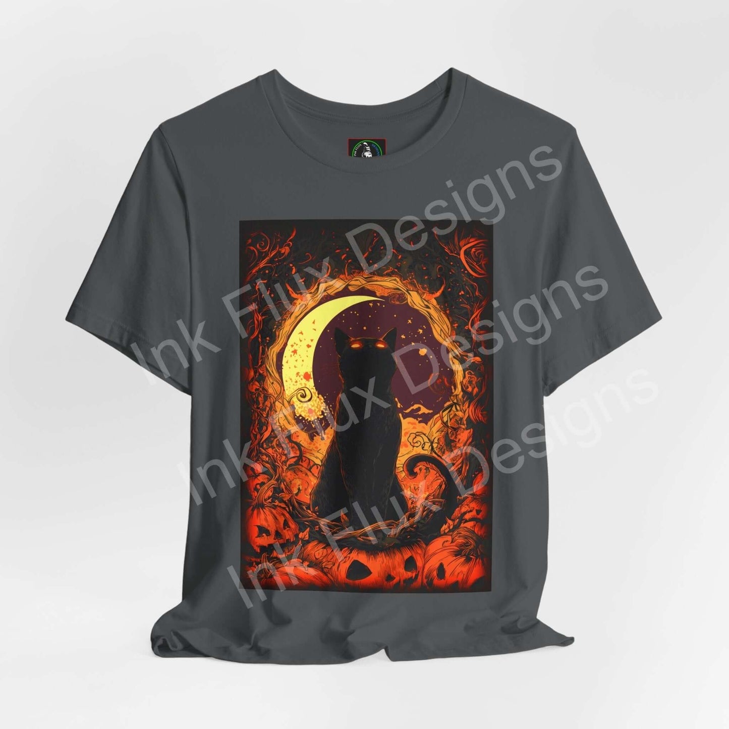 Black cat t-shirt featuring a mystical cat design with Halloween-themed visuals by Ink Flux Designs.