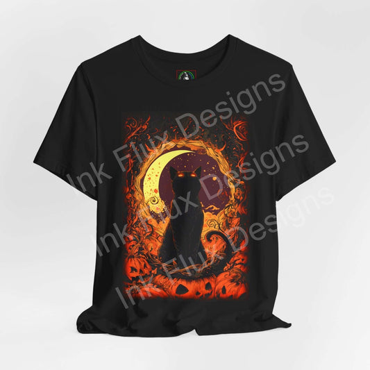 Black cat t-shirt featuring an artistic design with a mystical feline and a Halloween background by Ink Flux Designs.