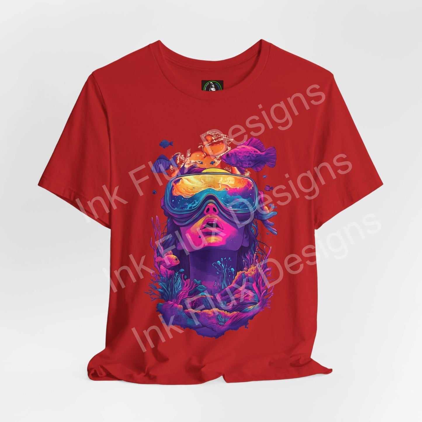 Red Aquatic Journey T-shirt featuring vibrant underwater graphic design by Ink Flux Designs.