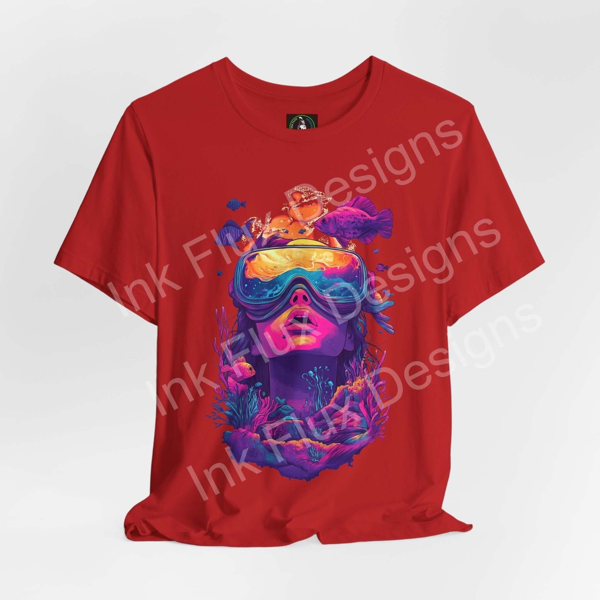 Aquatic Journey T-Shirt featuring surreal ocean graphic design by Ink Flux Designs on red background.