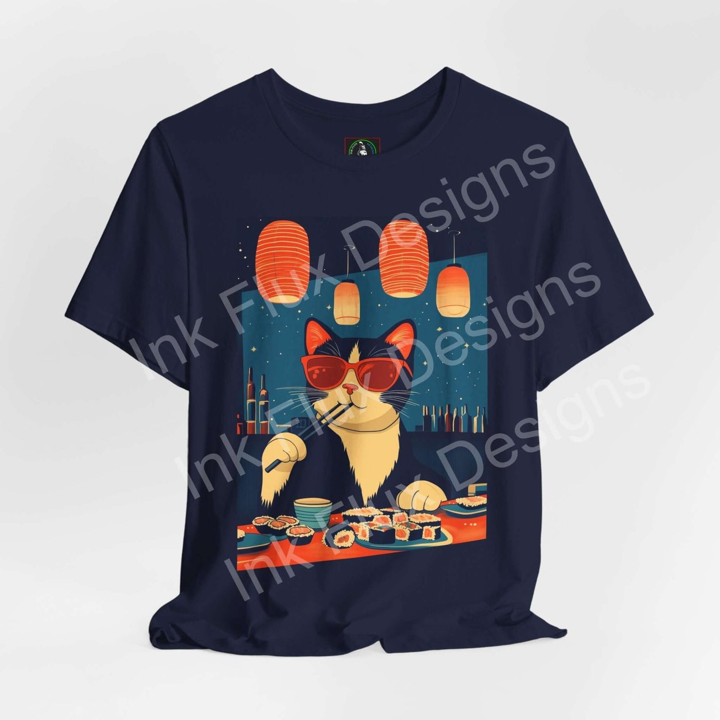 Tuna Dreams T-Shirt featuring a cat in sunglasses enjoying sushi in a colorful dreamscape by Ink Flux Designs.