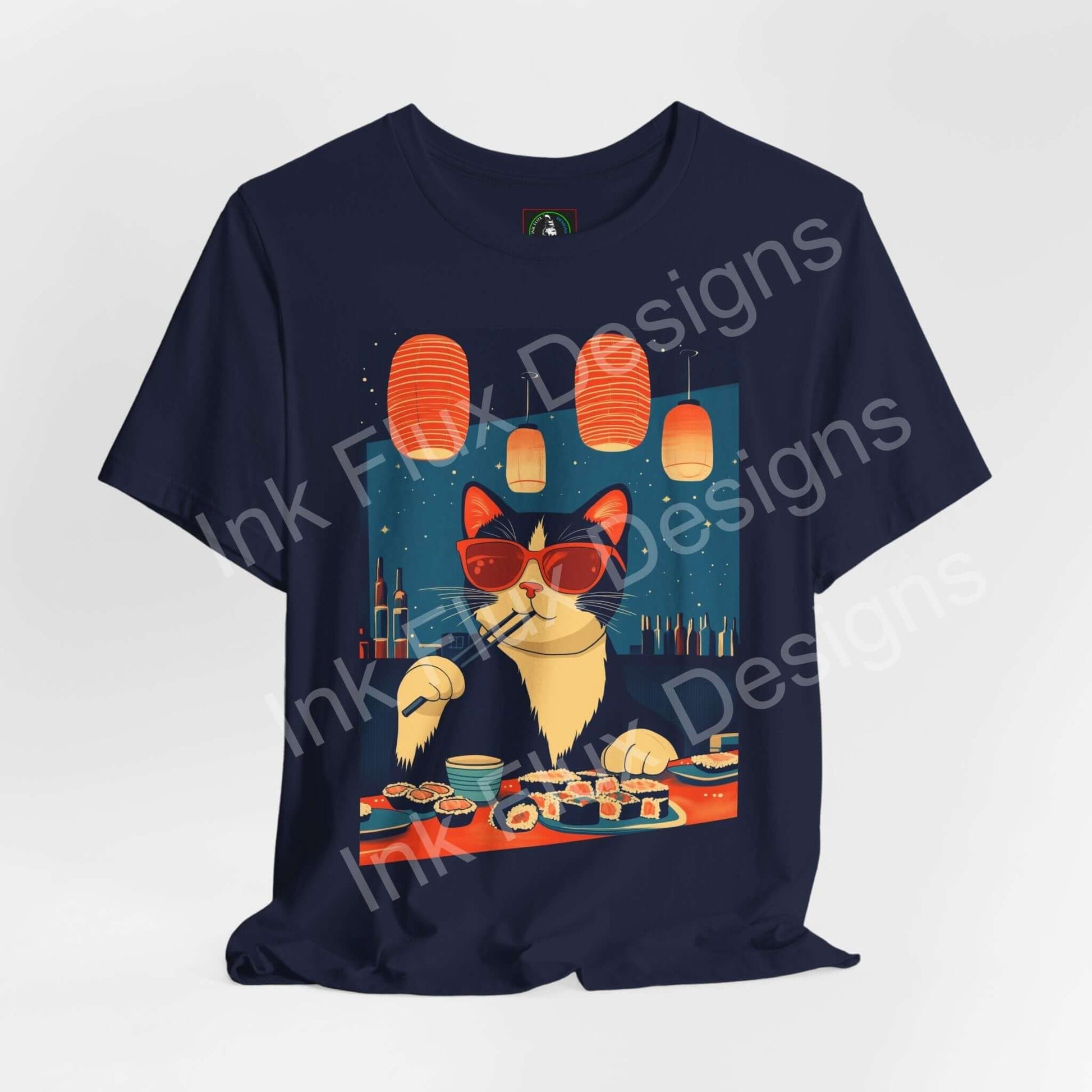 Tuna Dreams T-Shirt featuring a cat in sunglasses enjoying sushi in a colorful dreamscape by Ink Flux Designs.
