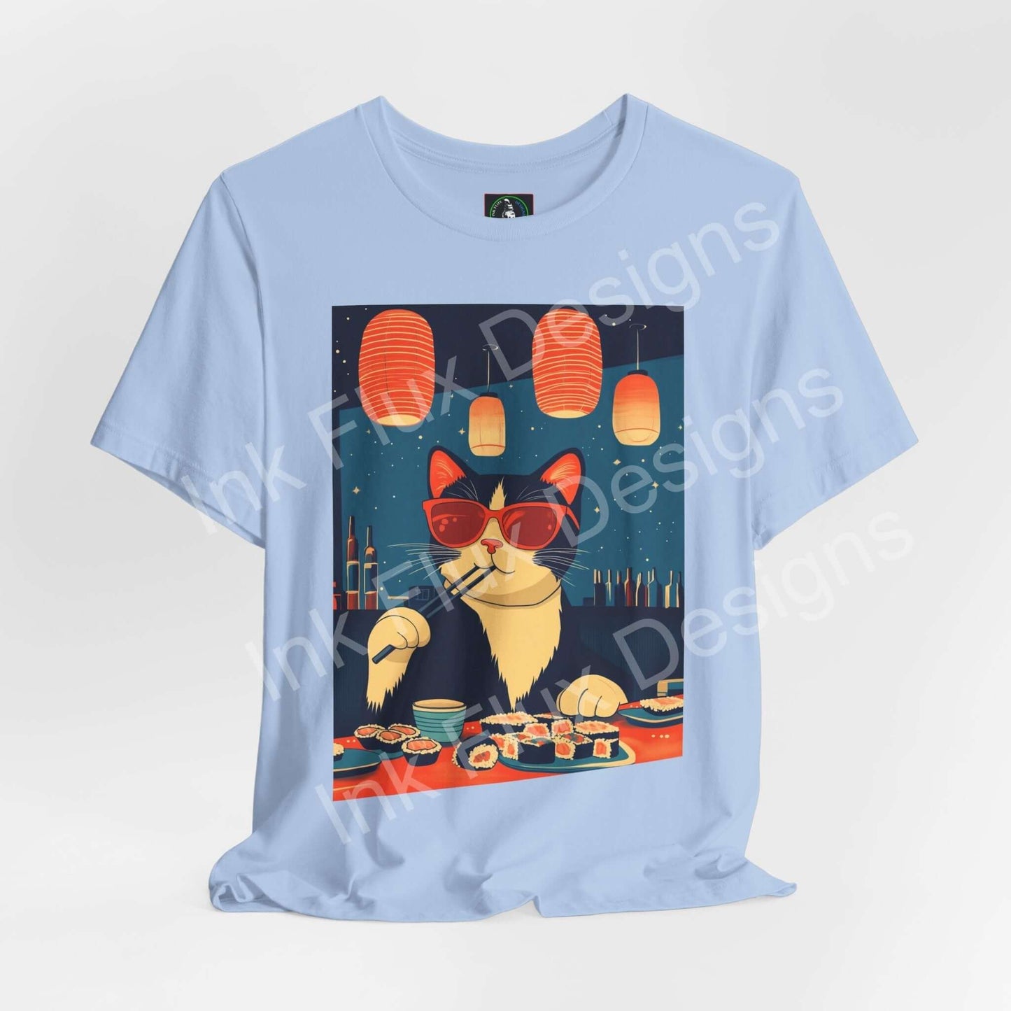 Tuna Dreams T-Shirt – Unisex Artistic Graphic Tee by Ink Flux Designs featuring a cat in sunglasses enjoying sushi.