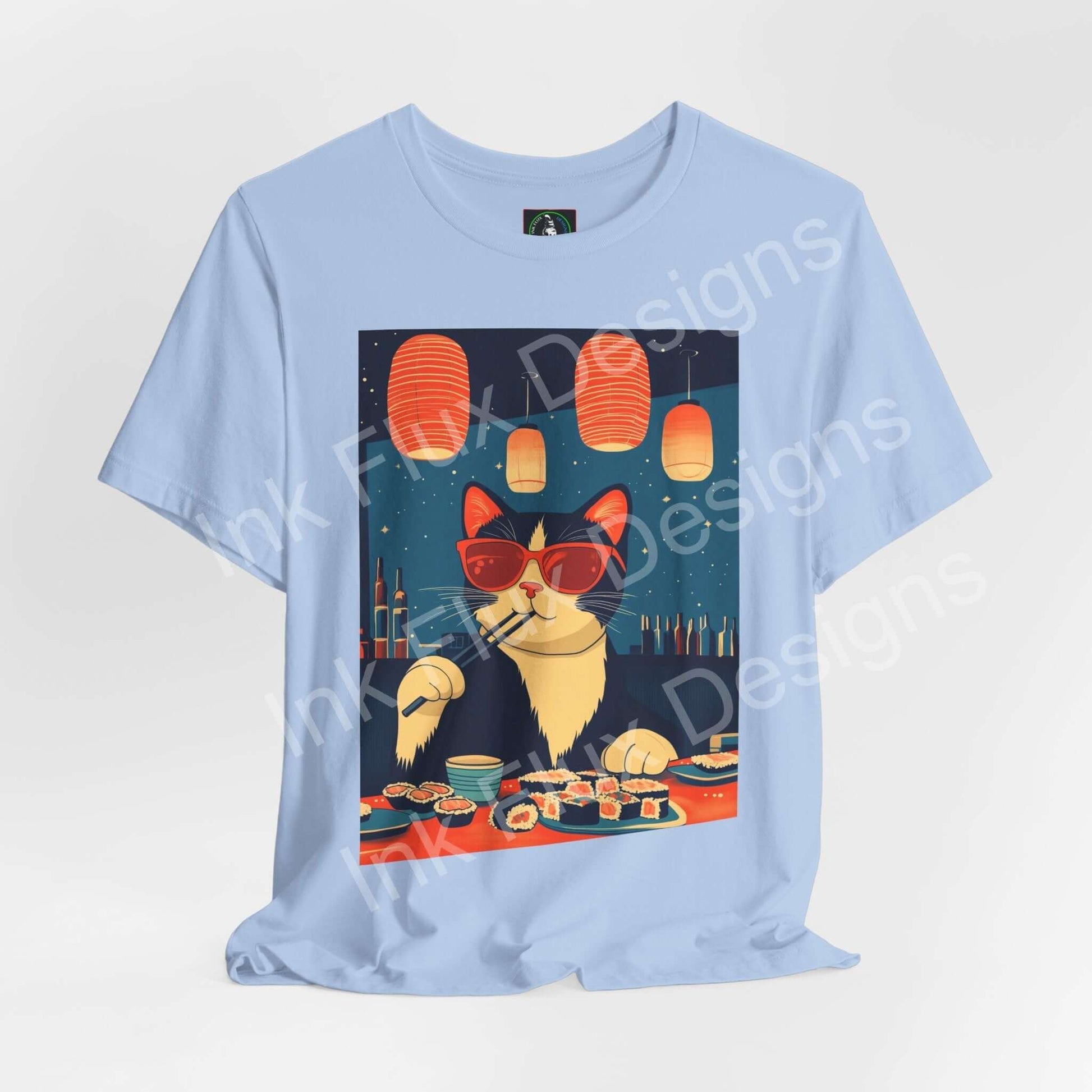 Tuna Dreams T-Shirt – Unisex Artistic Graphic Tee by Ink Flux Designs featuring a cat in sunglasses enjoying sushi.