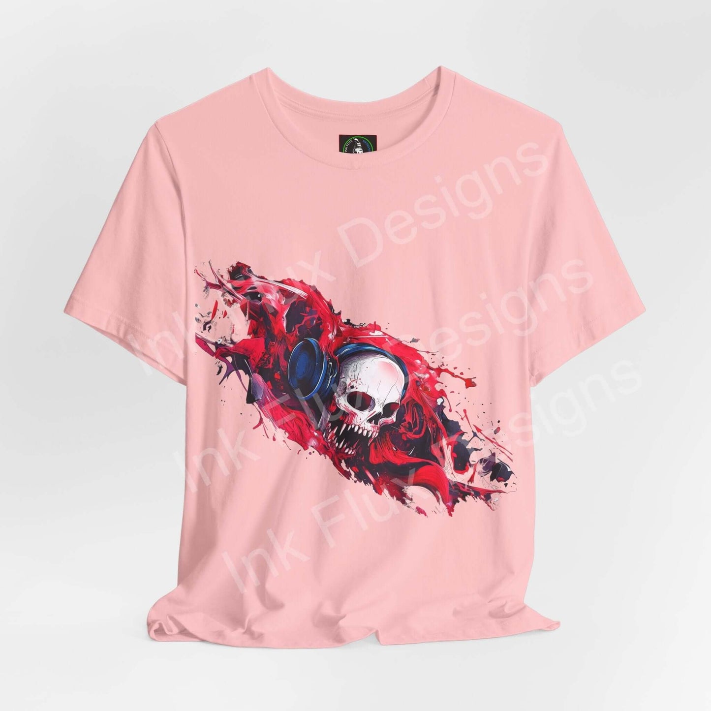 Dead Frequency II unisex T-shirt by Ink Flux Designs, featuring a vibrant skull graphic on pink fabric, perfect for casual style.