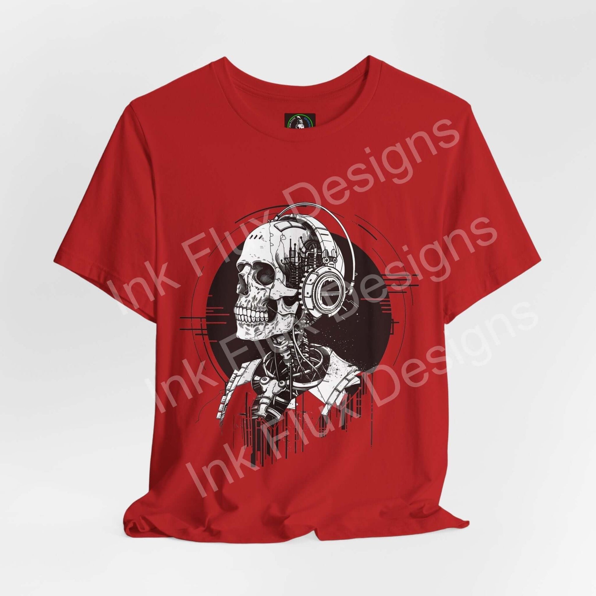 Music skull t-shirt showcasing a graphic design of a skull wearing headphones on a red tee by Ink Flux Designs.