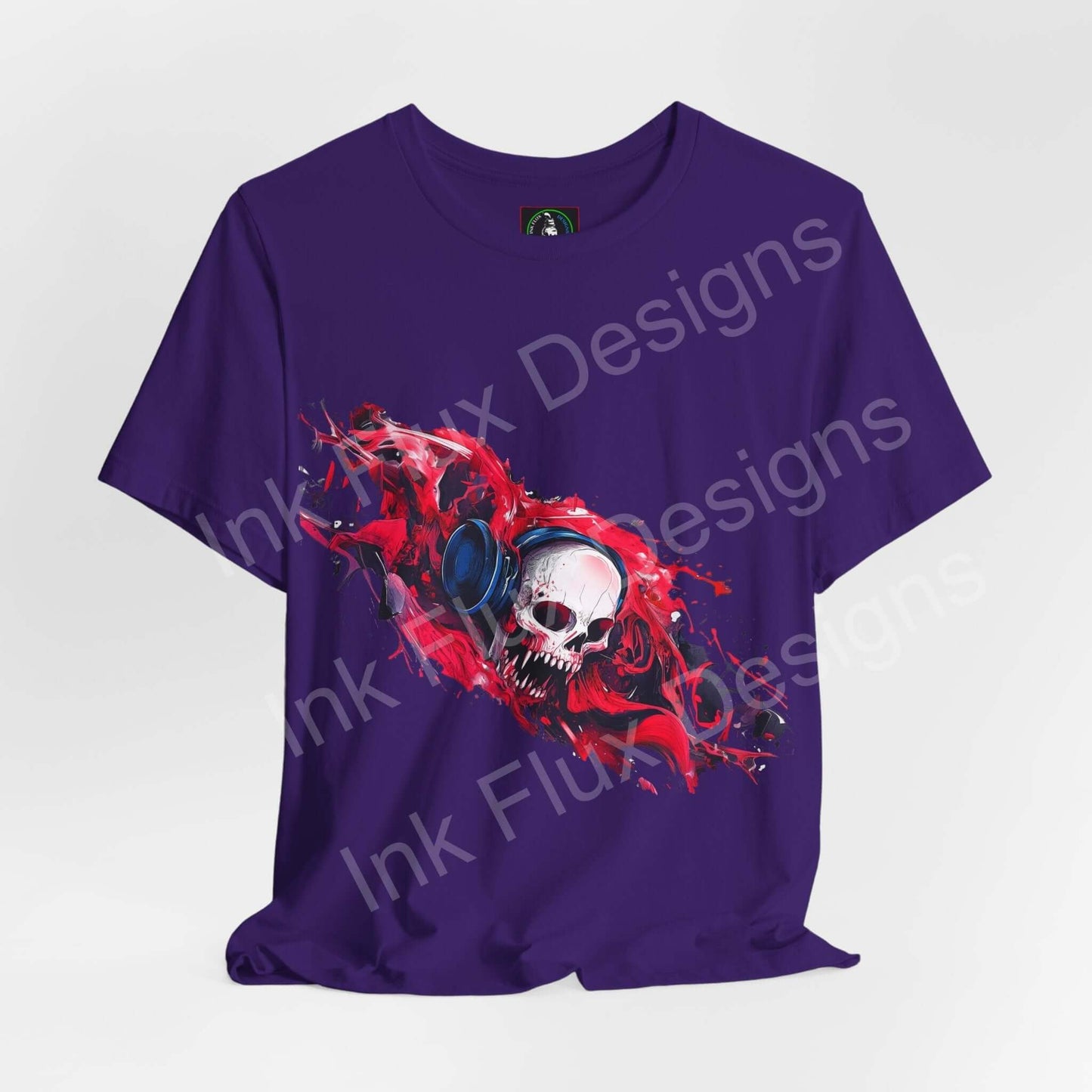 Purple T-shirt featuring a striking skull design, crafted by Ink Flux Designs for ultimate comfort and style.