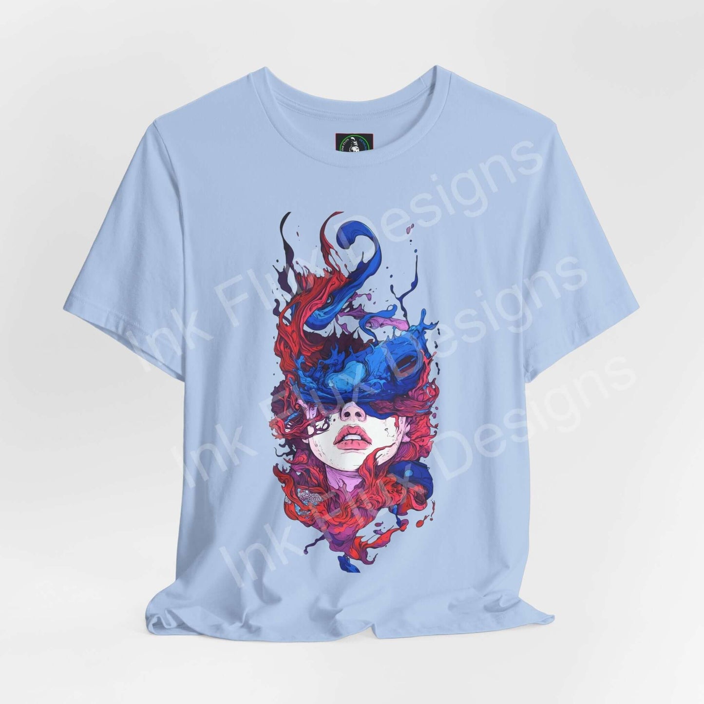 Drown in color T-shirt by Ink Flux Designs featuring vibrant artistic print on a light blue jersey.