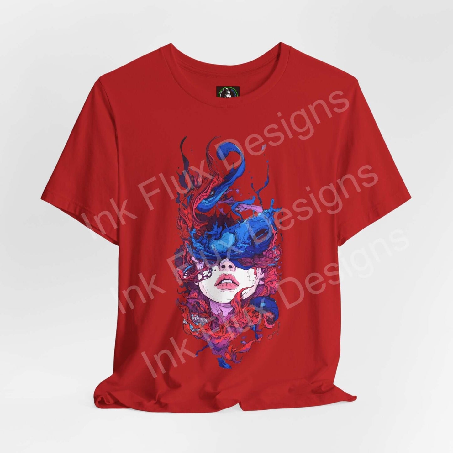 Red unisex T-shirt featuring vibrant artwork by Ink Flux Designs, showcasing a colorful design for casual style.