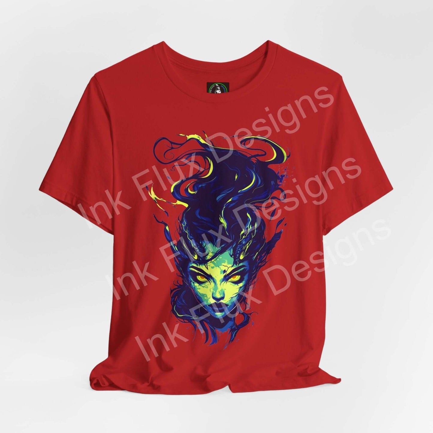 Ethereal Succubus IV unisex T-shirt in red featuring unique artwork by Ink Flux Designs, crafted from soft Airlume cotton.