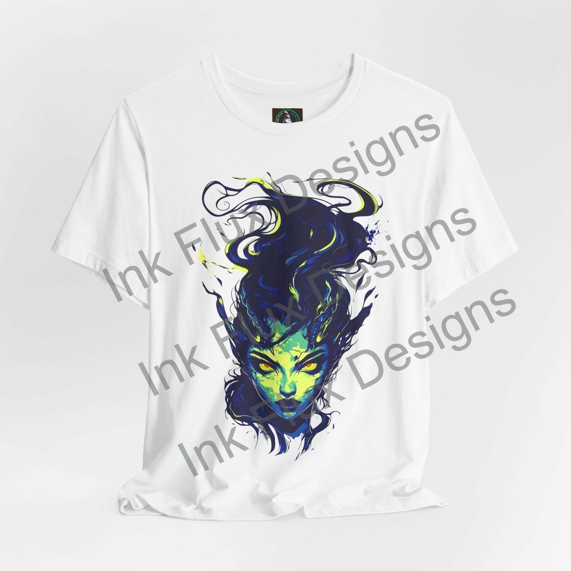 Ethereal Succubus T-Shirt featuring a bold graphic design of an ethereal figure with smoky textures by Ink Flux Designs.