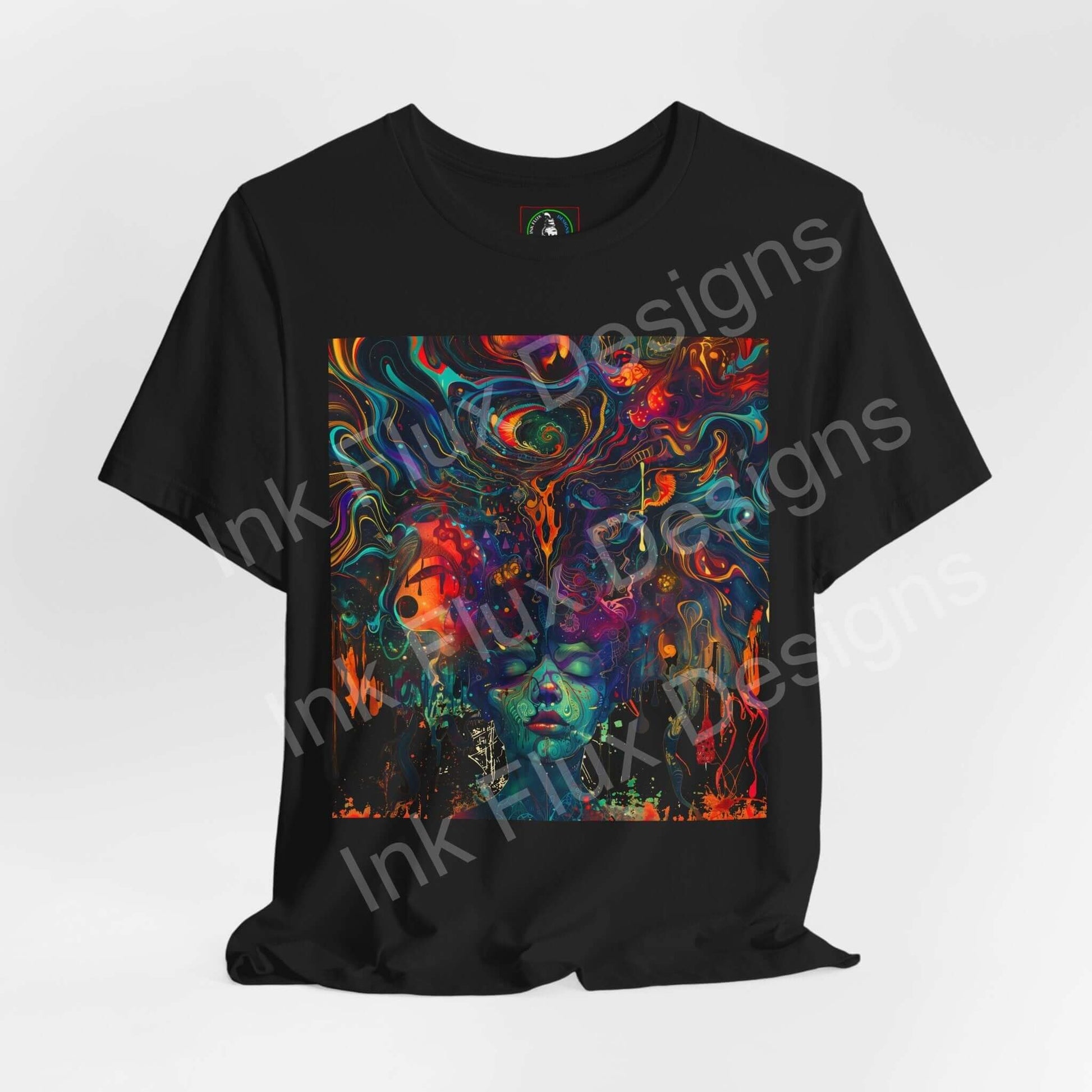 Psychedelic Dreamscape T-Shirt featuring vibrant abstract art by Ink Flux Designs, showcasing a colorful surreal design.