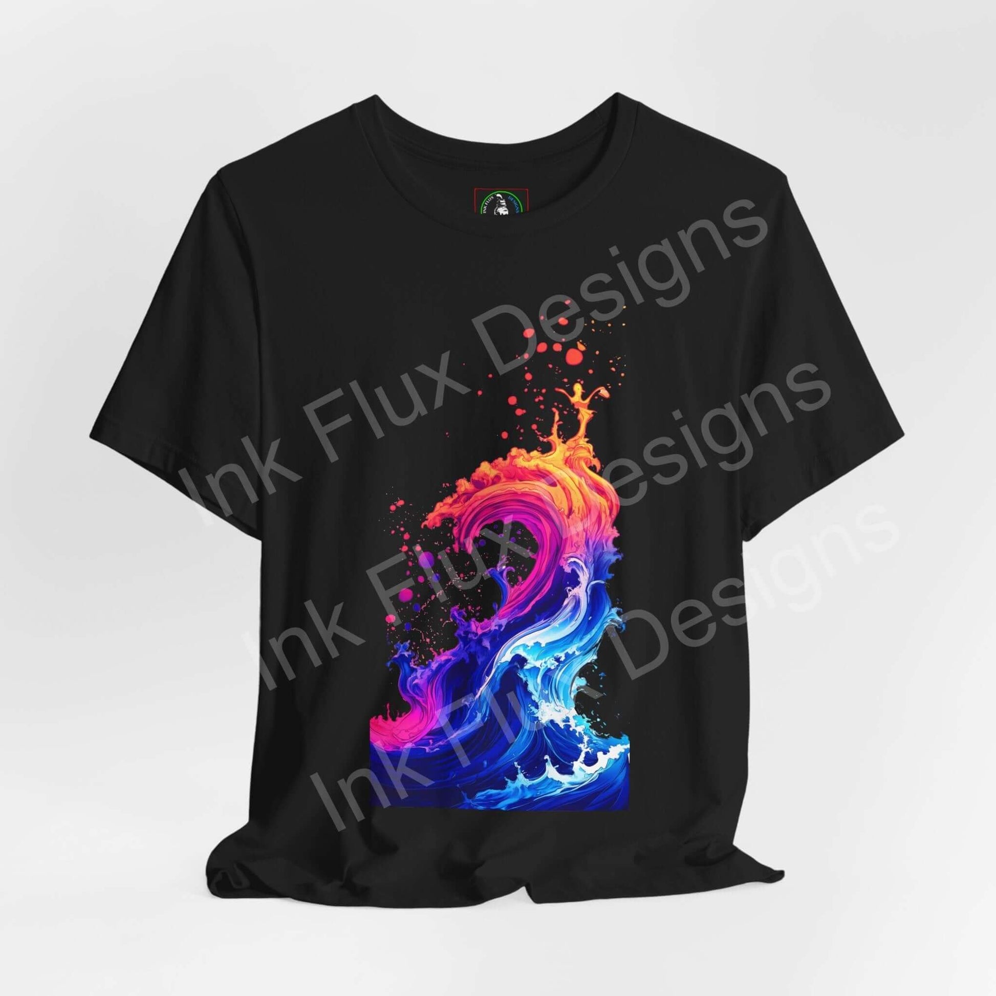Psychedelic t-shirt featuring a vibrant liquid heatwave graphic in colorful waves by Ink Flux Designs.