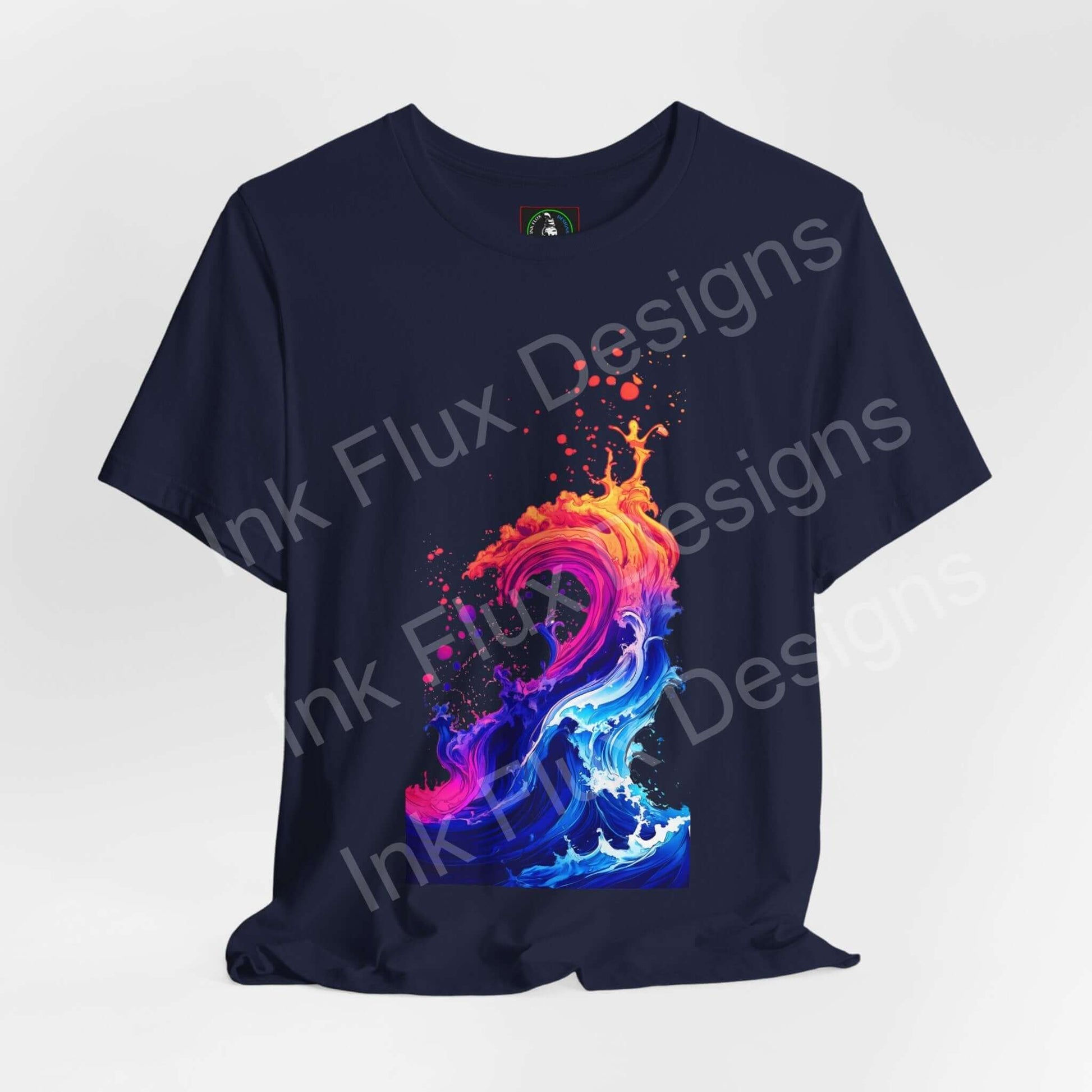 Psychedelic t-shirt featuring a Liquid Heatwave graphic design by Ink Flux Designs in vibrant colors.