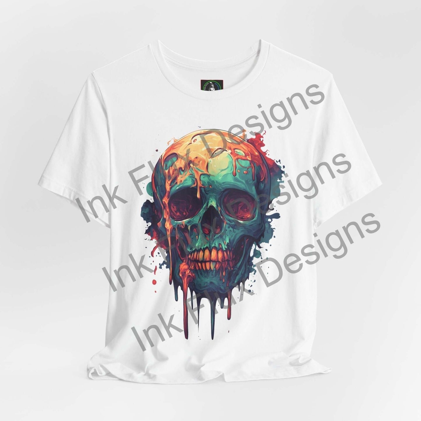 Melted Skull IV unisex T-shirt by Ink Flux Designs featuring colorful skull art on a white background.