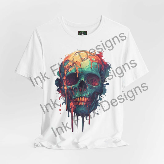 Melted Skull T-Shirt – Abstract Drip Art Graphic Tee by Ink Flux Designs featuring a vibrant liquefied skull design.