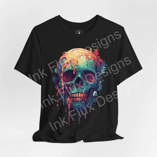 Melted skull t-shirt featuring abstract drip art design by Ink Flux Designs on a black tee.