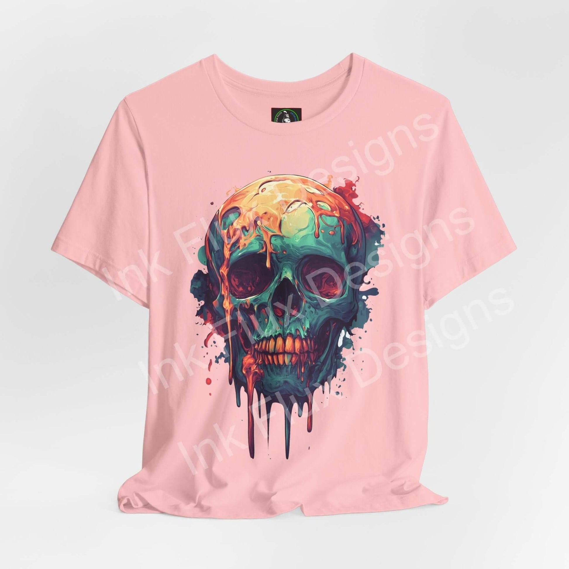 Melted skull t-shirt featuring abstract drip art graphic on a pink unisex tee by Ink Flux Designs.
