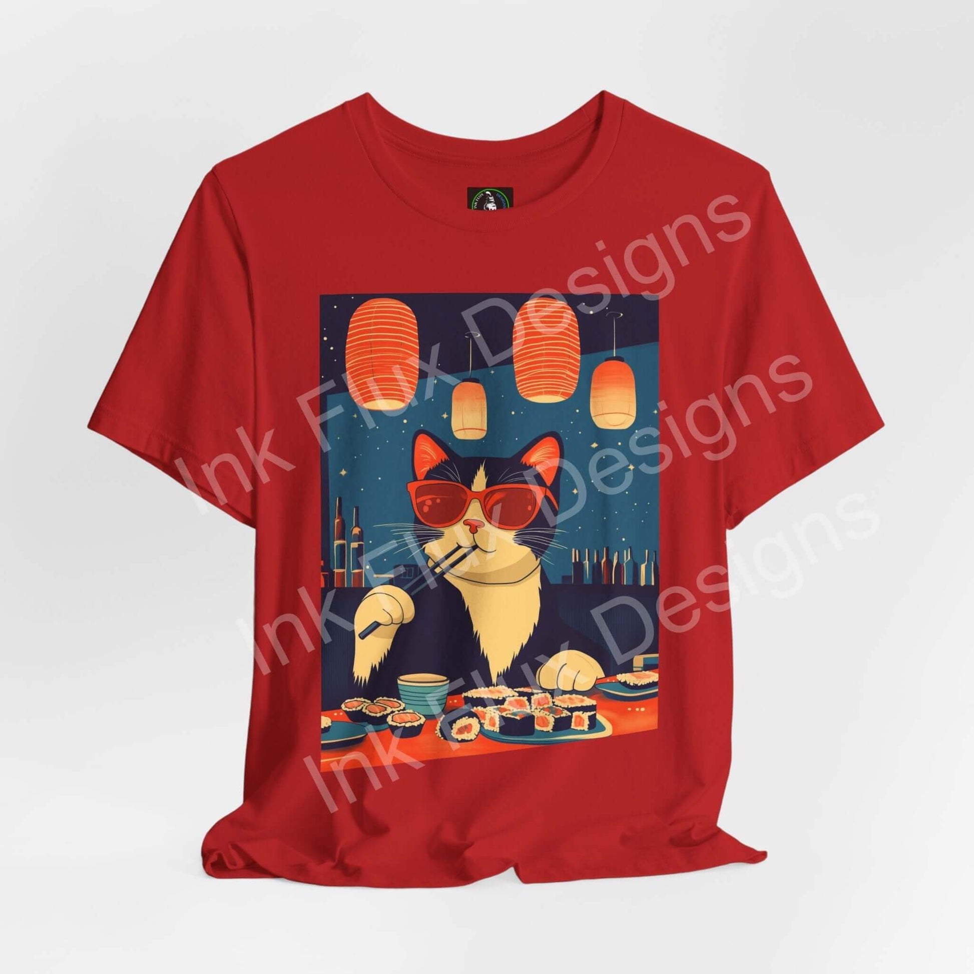 Tuna Dreams T-Shirt featuring a cat in sunglasses amidst sushi and lanterns, perfect for cat lovers and art enthusiasts.