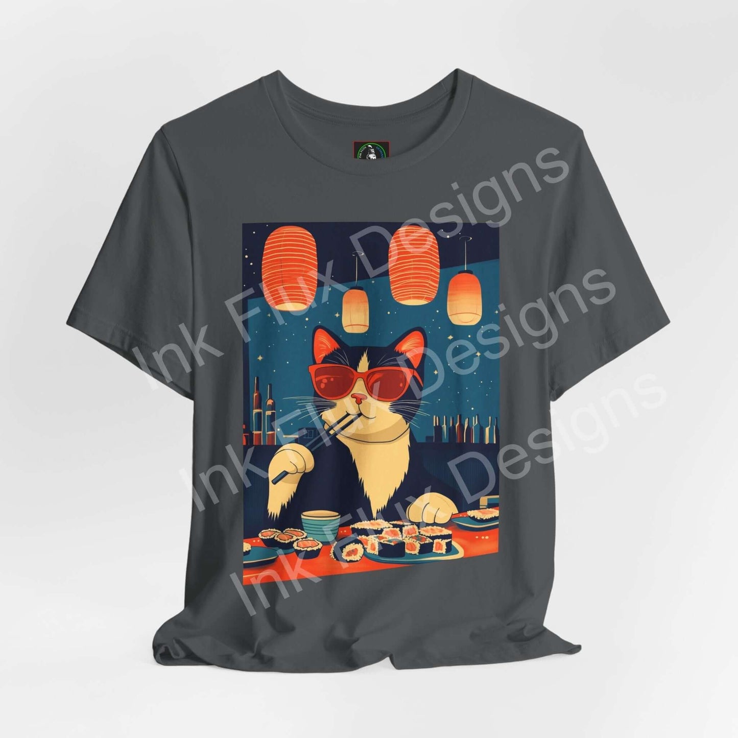 Tuna Dreams T-Shirt featuring a cat enjoying sushi in a surreal dreamscape design by Ink Flux Designs