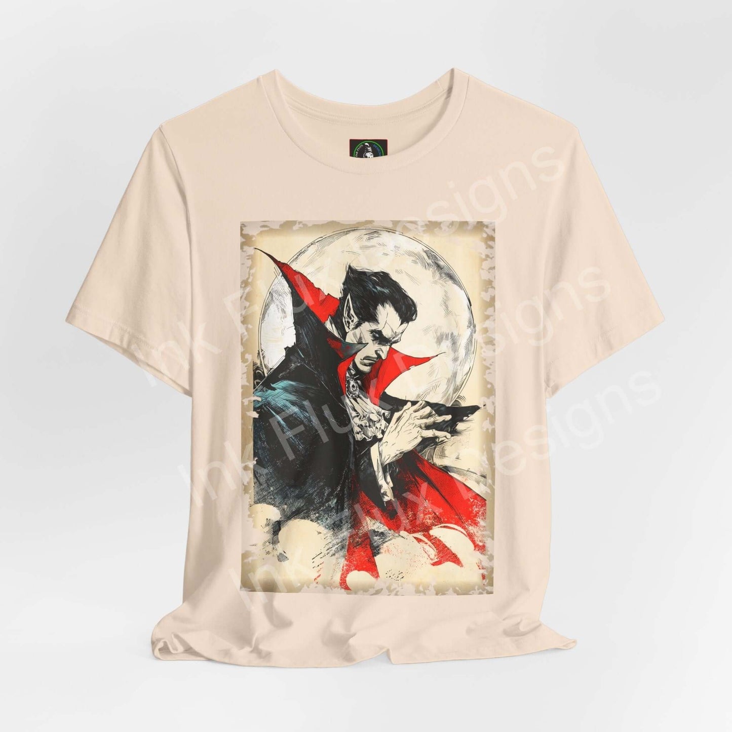 dracula t-shirt featuring gothic horror artwork with vivid colors and details by Ink Flux Designs