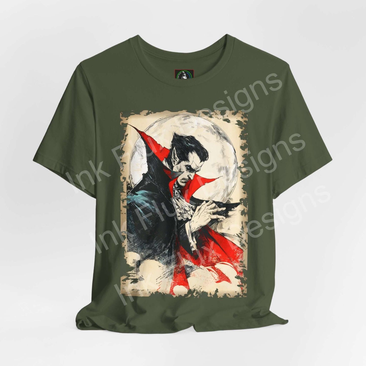 dracula t-shirt featuring gothic horror design with vivid colors and details by Ink Flux Designs