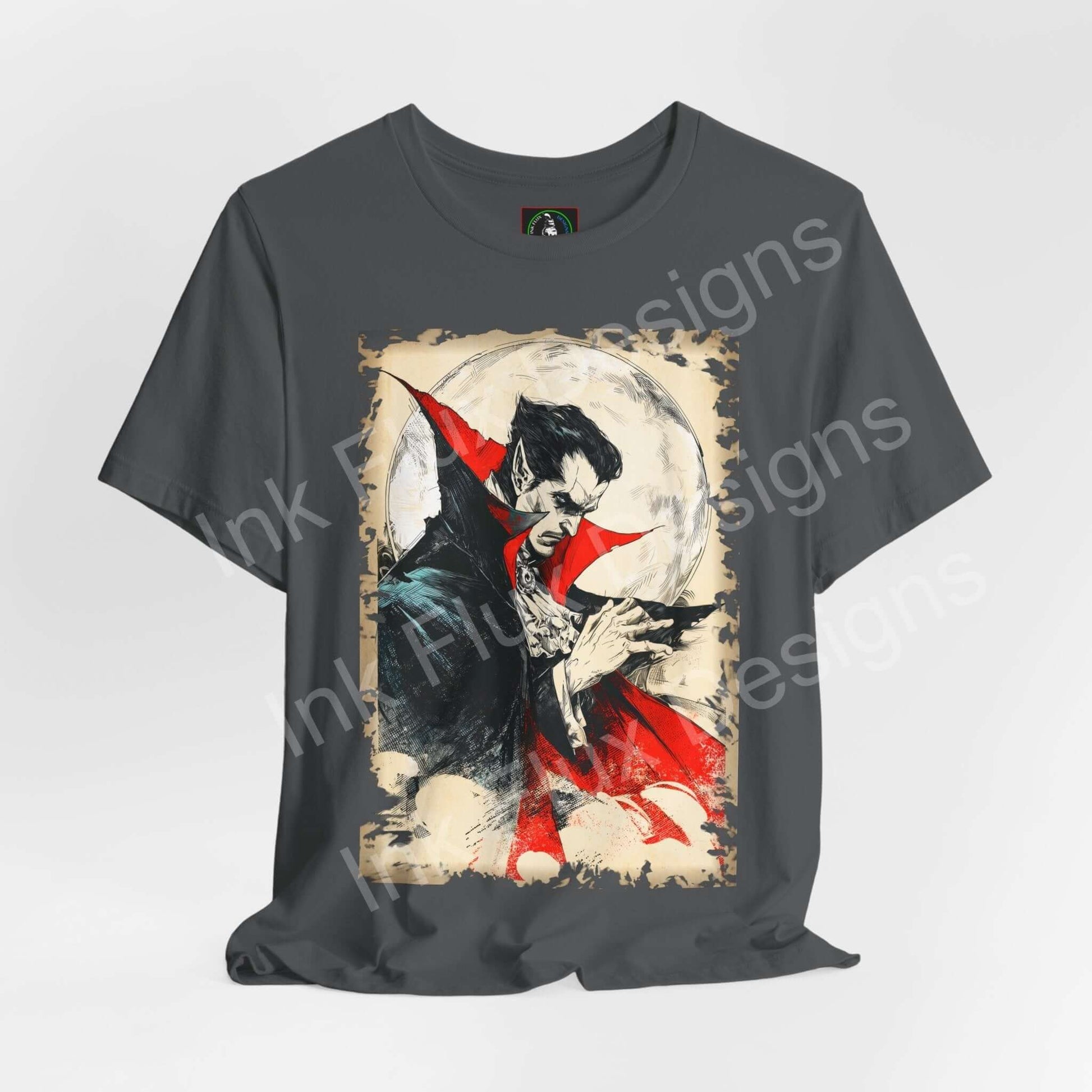 dracula t-shirt design featuring gothic horror artwork by Ink Flux Designs, perfect for Halloween and horror fans.