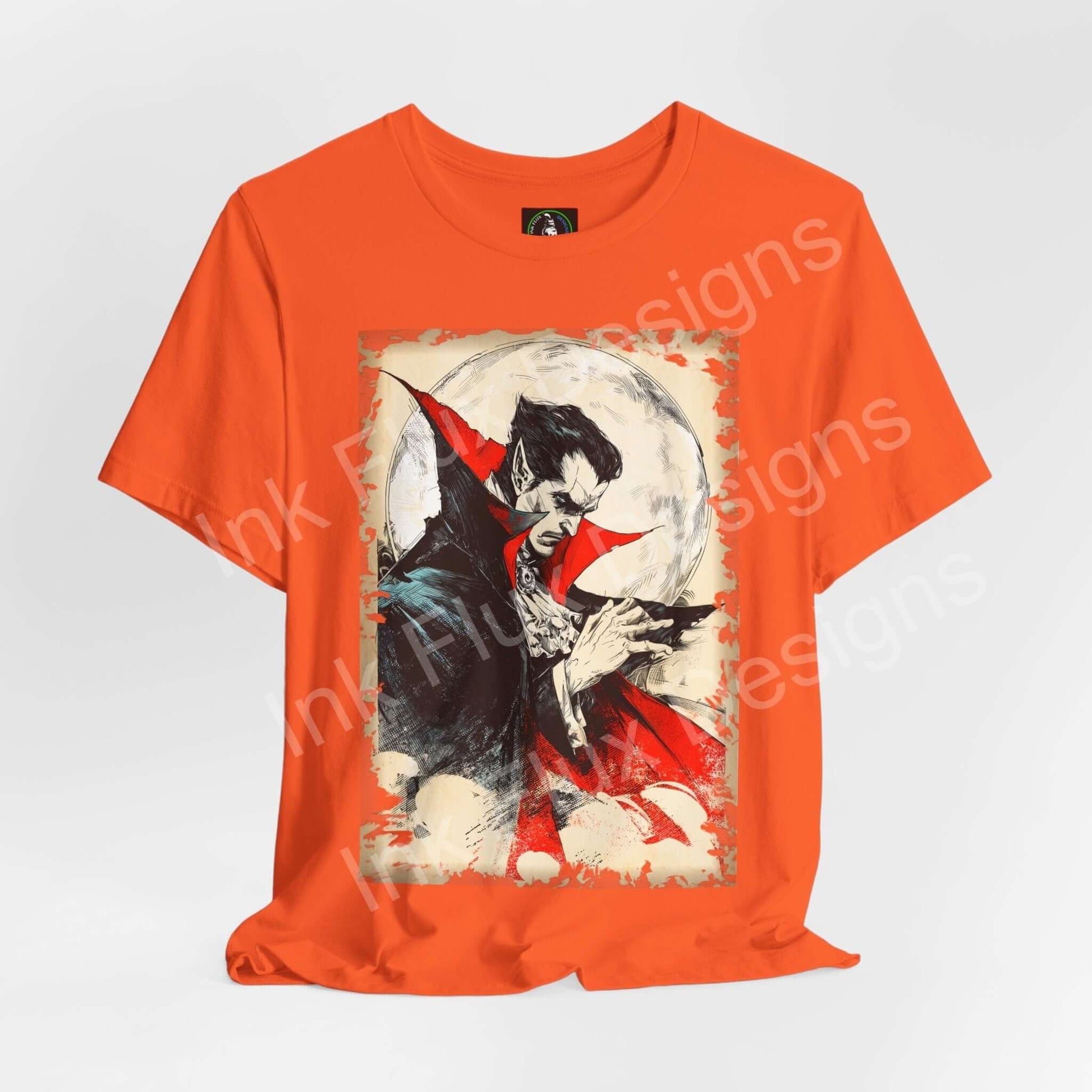 dracula t-shirt featuring bold gothic horror art on an orange background by Ink Flux Designs