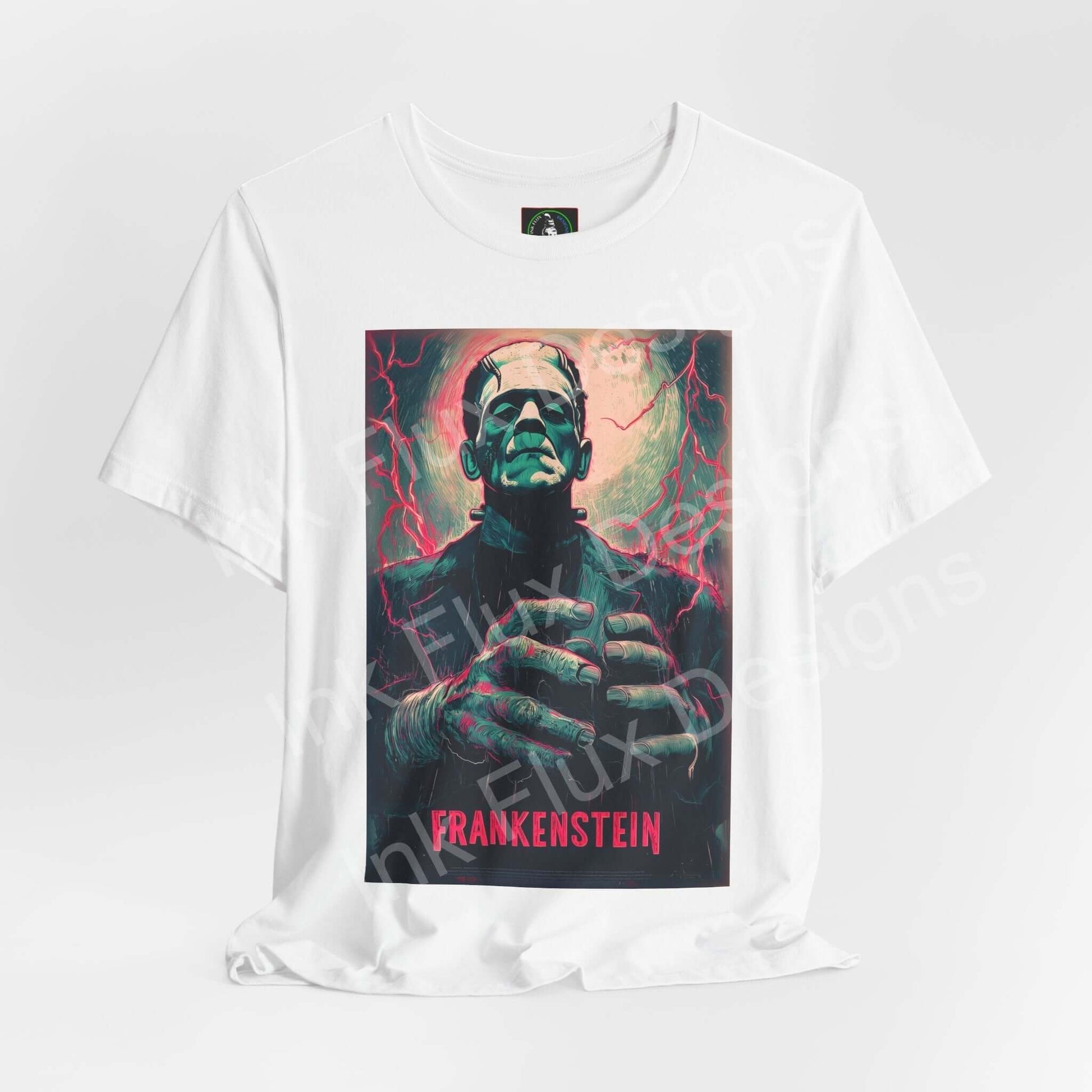 Frankenstein t-shirt featuring a bold graphic design of the iconic monster in vibrant colors on a white unisex tee.