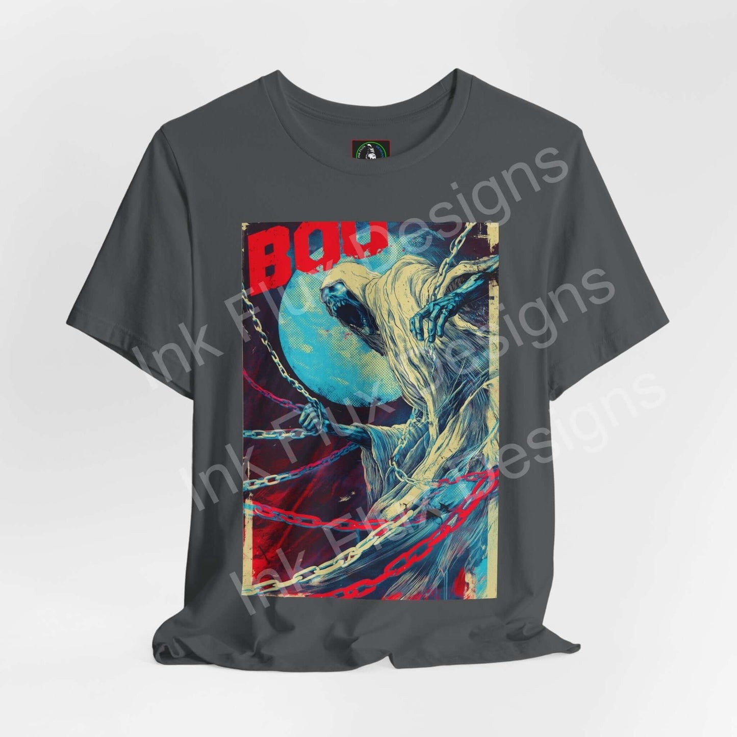 Ghost t-shirt featuring haunting design with eerie glow by Ink Flux Designs.