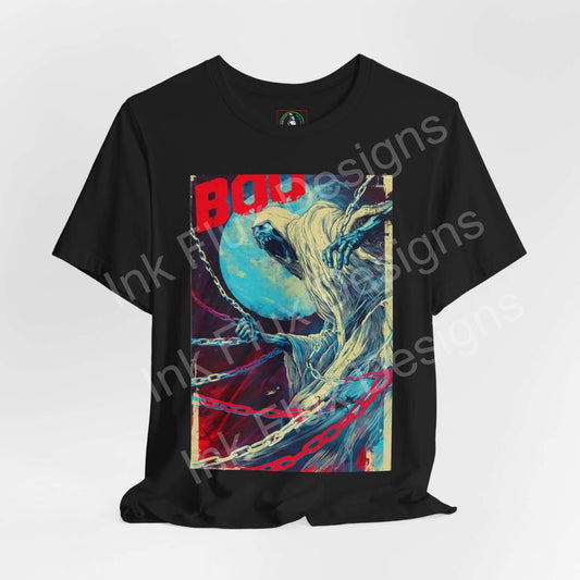 Ghost T-Shirt – Hauntingly Cool Graphic Tee by Ink Flux Designs featuring a spooky design and chains.