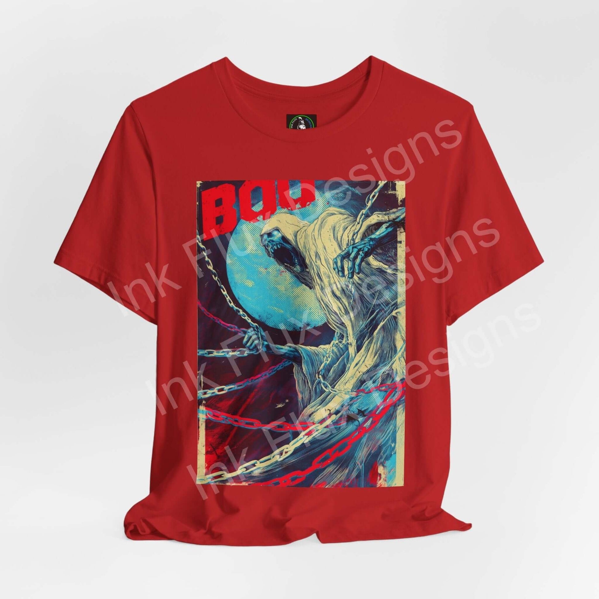 Ghost t-shirt featuring a haunting design with a spectral theme, perfect for Halloween by Ink Flux Designs.