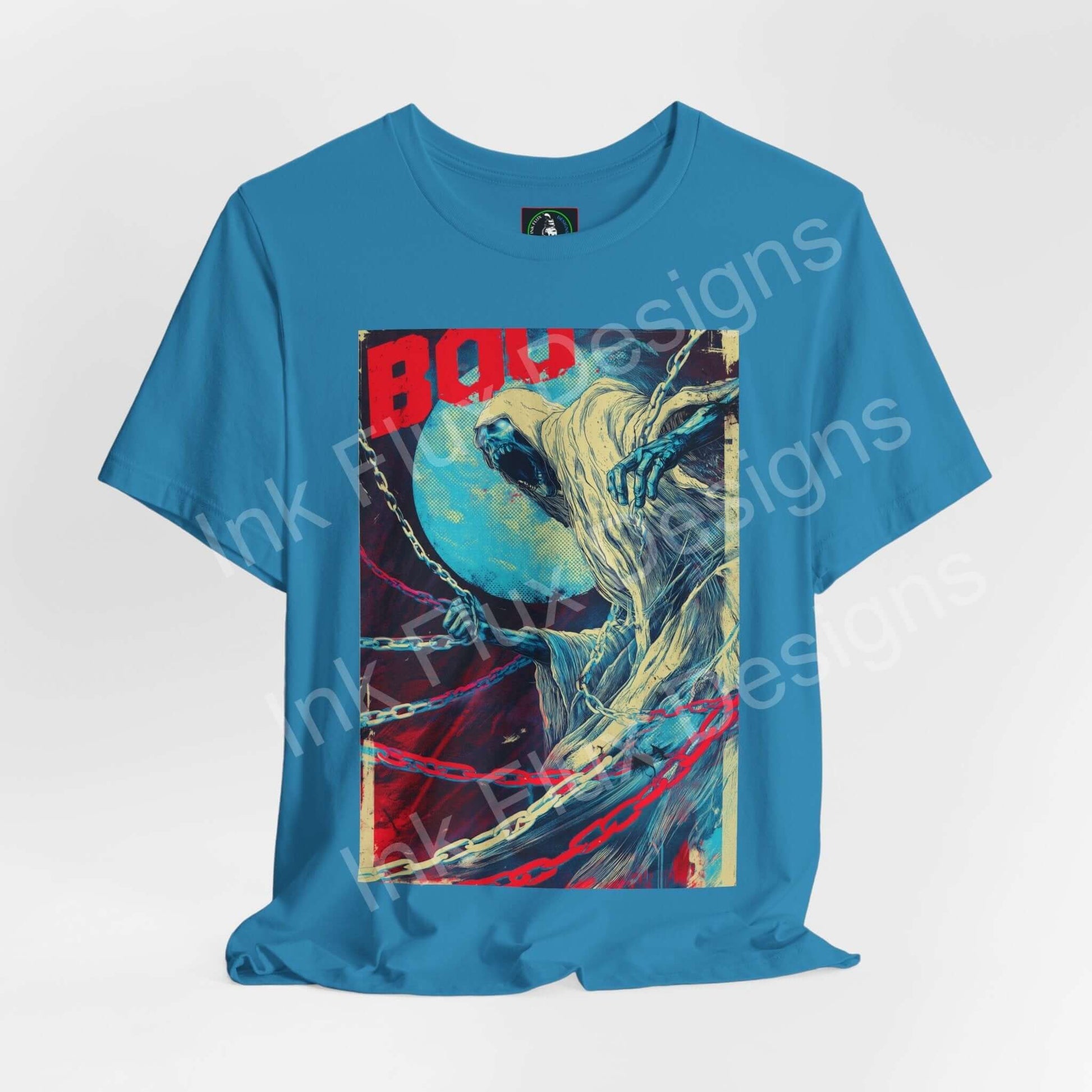 Ghost t-shirt featuring a haunting design with an eerie glow, perfect for Halloween by Ink Flux Designs.