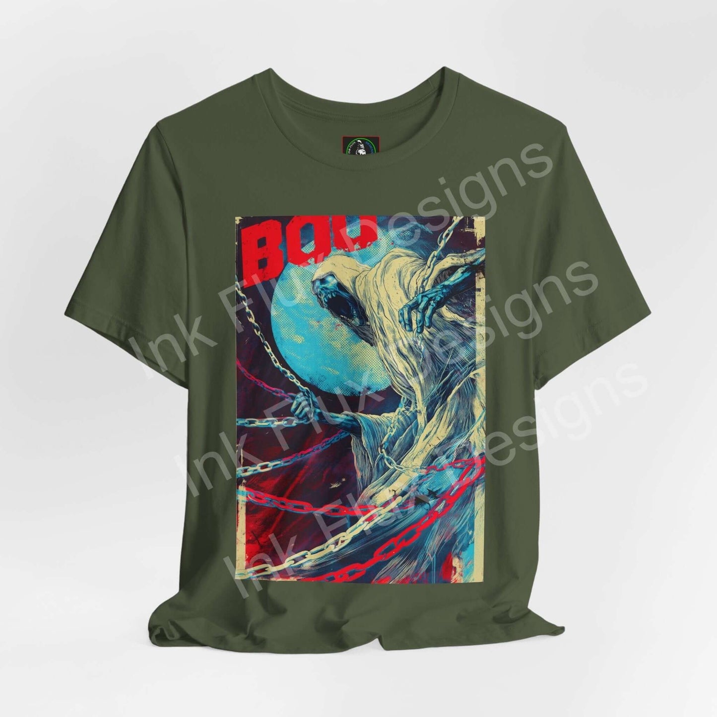 Ghost t-shirt featuring haunting design and eerie glow by Ink Flux Designs.