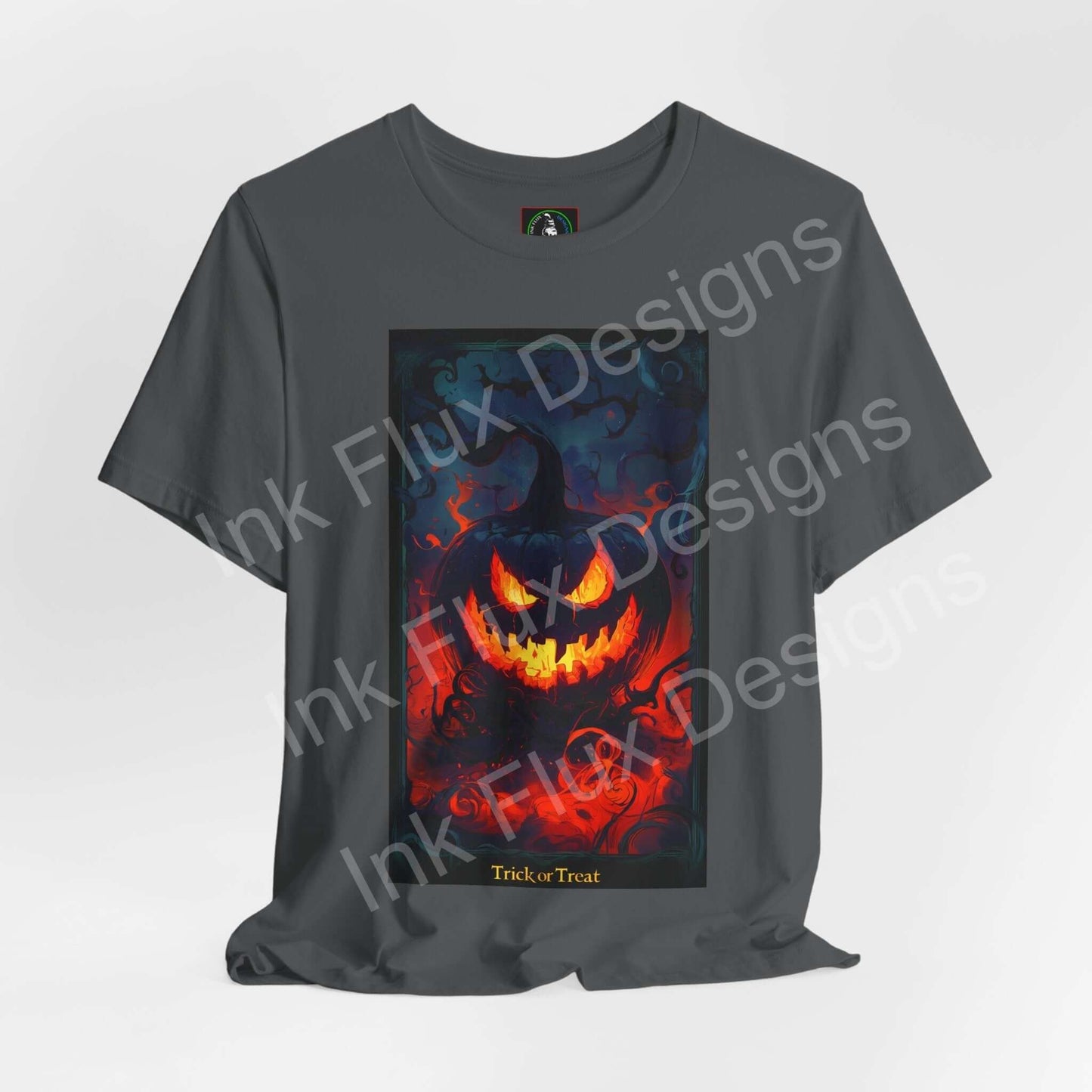 jack-o-lantern-t-shirt featuring a vintage pumpkin face graphic in bold orange hues, perfect for Halloween festivities.