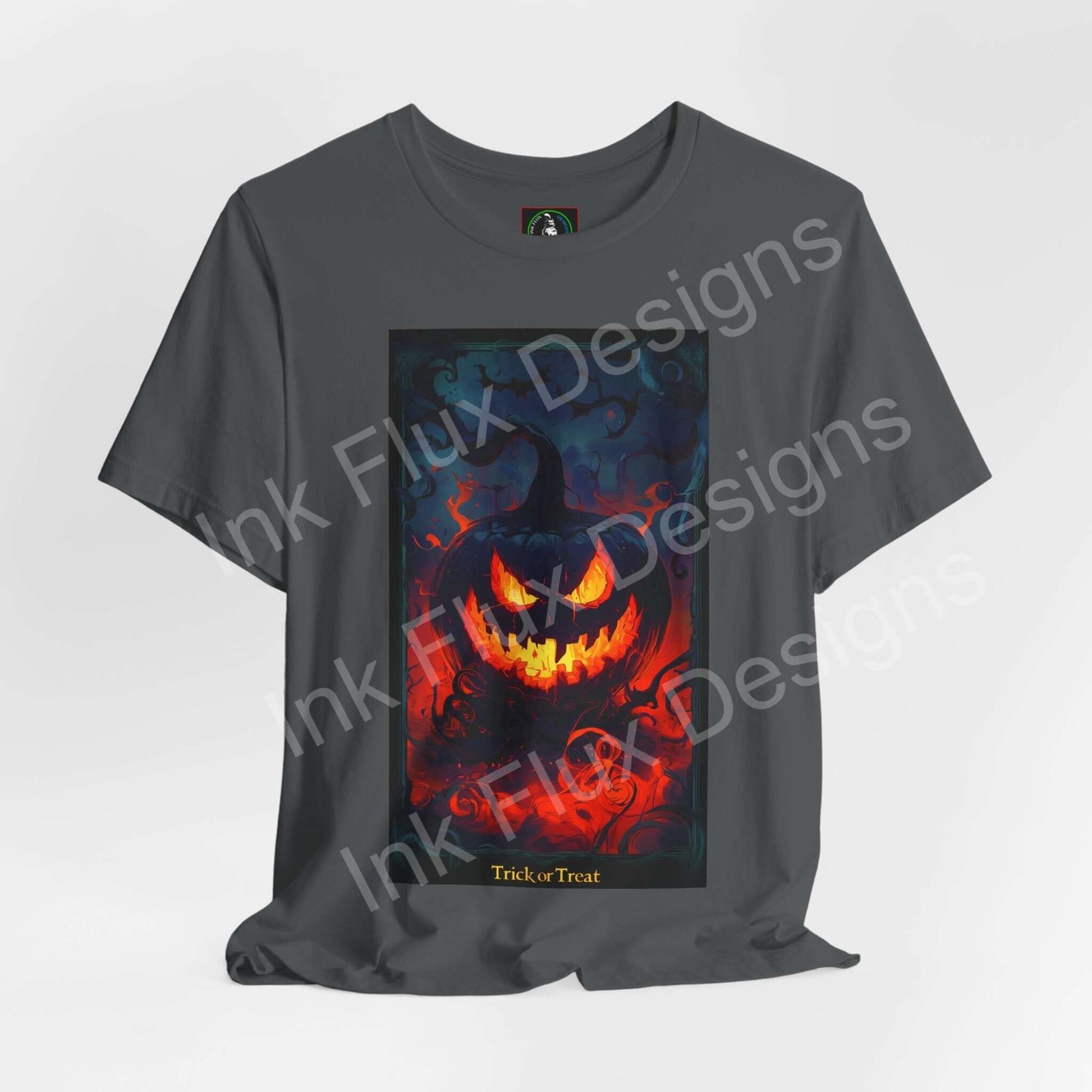 jack-o-lantern-t-shirt featuring a vintage pumpkin face graphic in bold orange hues, perfect for Halloween festivities.