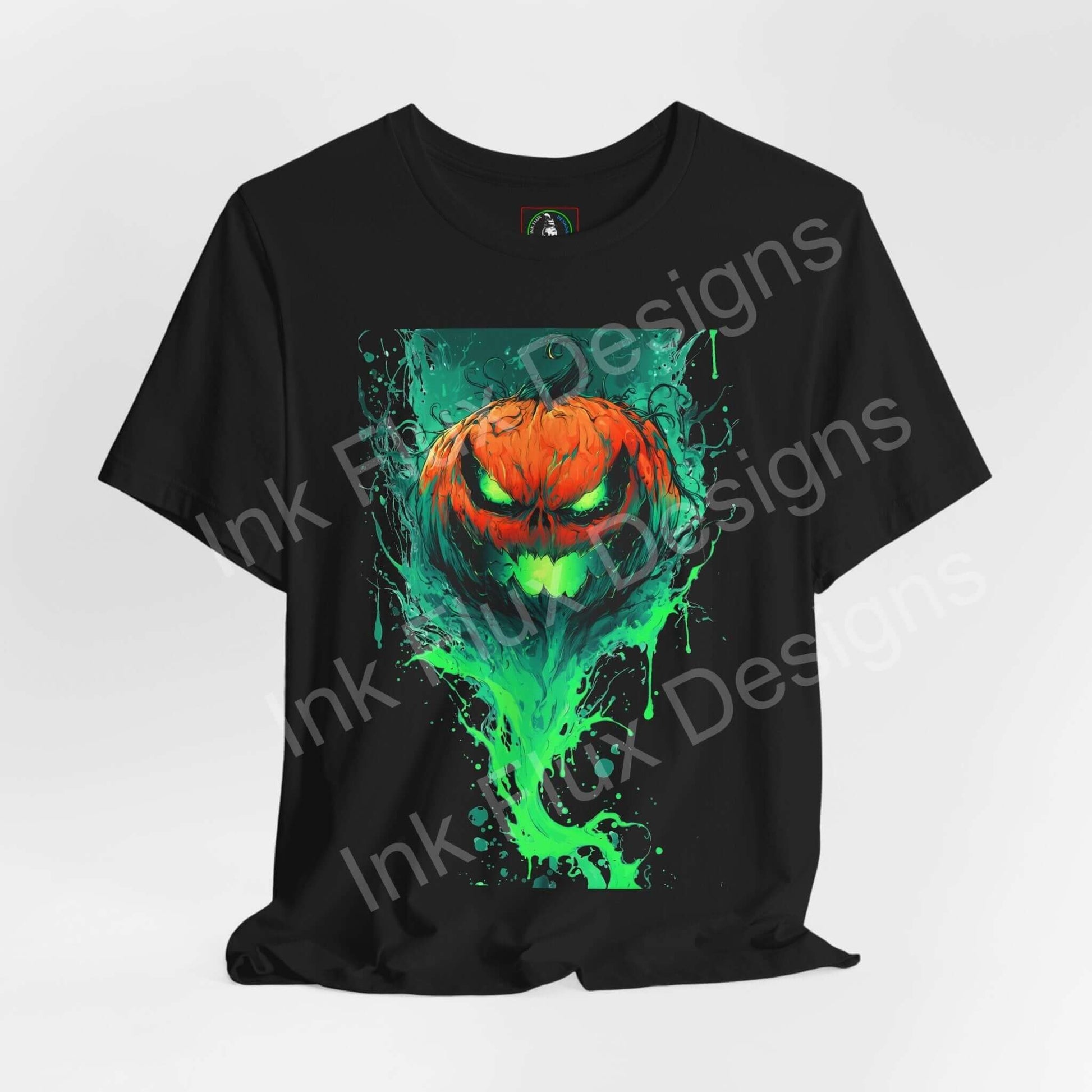Ink Flux Jack o Lantern 2025 04 graphic T-shirt featuring a vibrant pumpkin design with green accents.