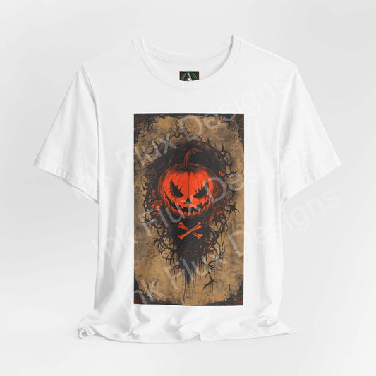 jack-o-lantern t-shirt featuring a glowing pumpkin design on a white unisex graphic tee, perfect for Halloween.