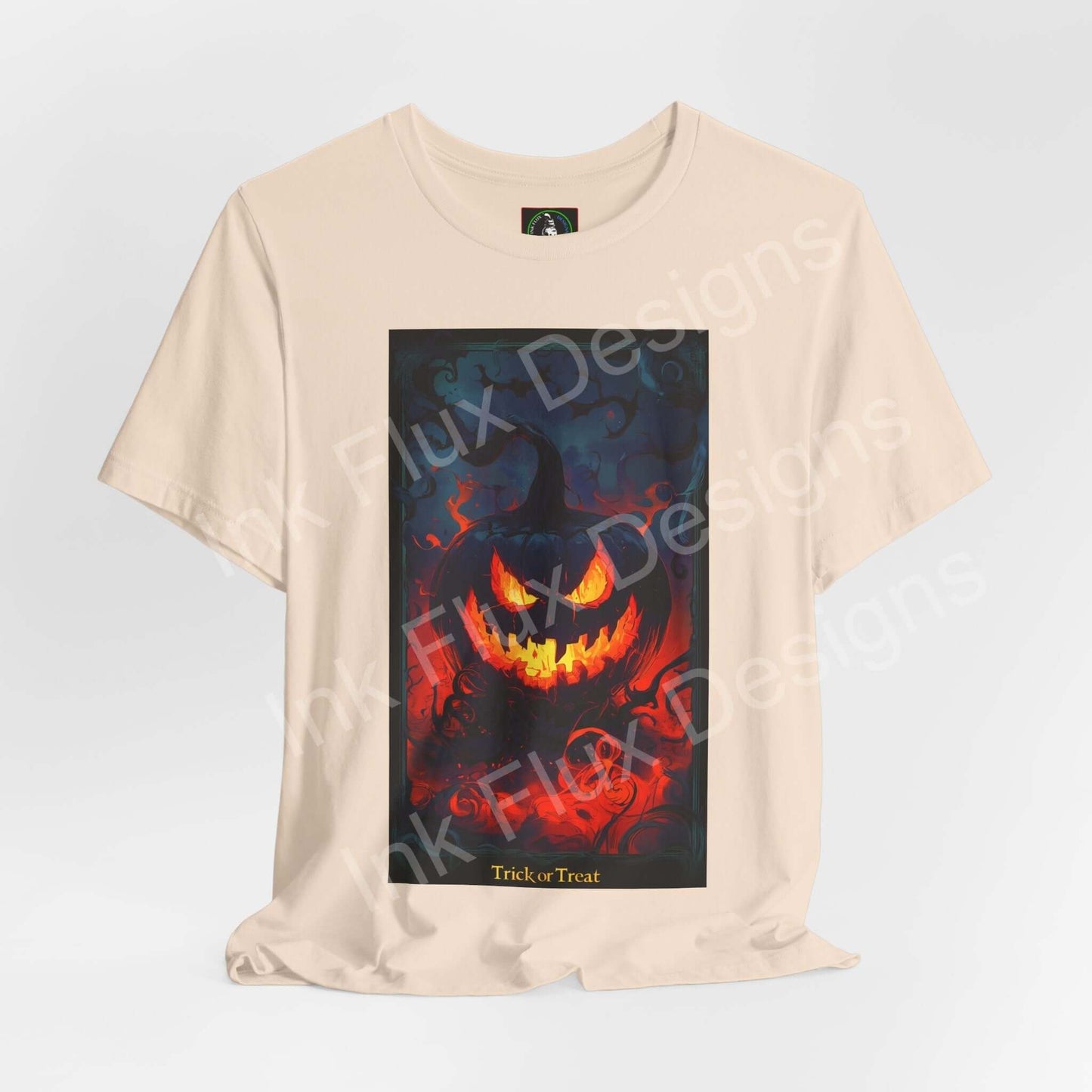 jack-o-lantern-t-shirt featuring a vintage pumpkin graphic in bold orange hues with 'Trick or Treat' text.